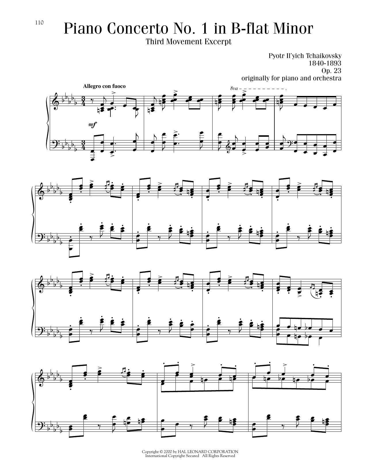 Pyotr Il'yich Tchaikovsky Piano Concerto No. 1 In B-Flat Minor, Op. 23, Third Movement Excerpt Sheet Music Notes & Chords for Piano Solo - Download or Print PDF