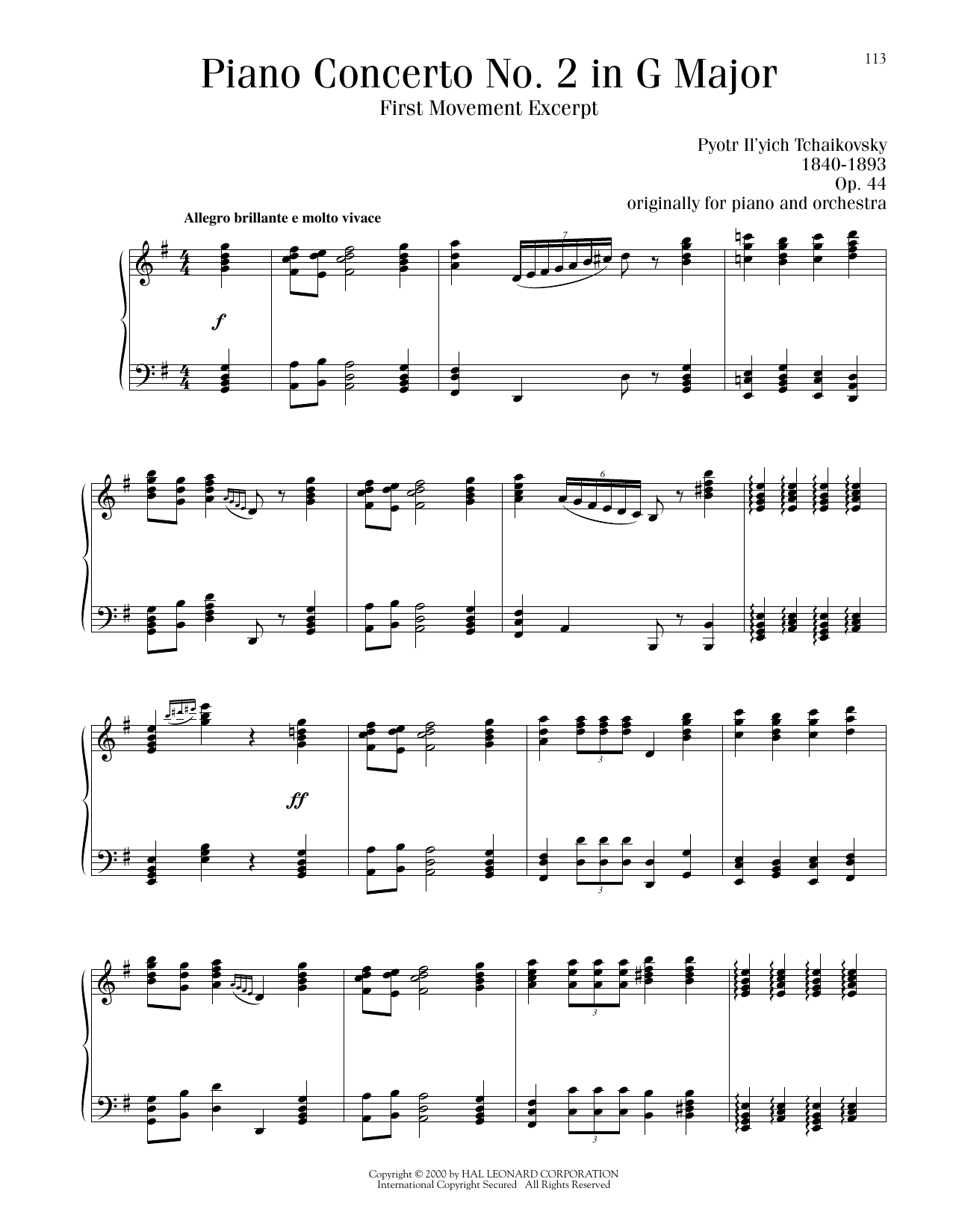 Pyotr Il'yich Tchaikovsky Piano Concerto No. 2 In G Major, Op. 44, First Movement Excerpt Sheet Music Notes & Chords for Piano Solo - Download or Print PDF