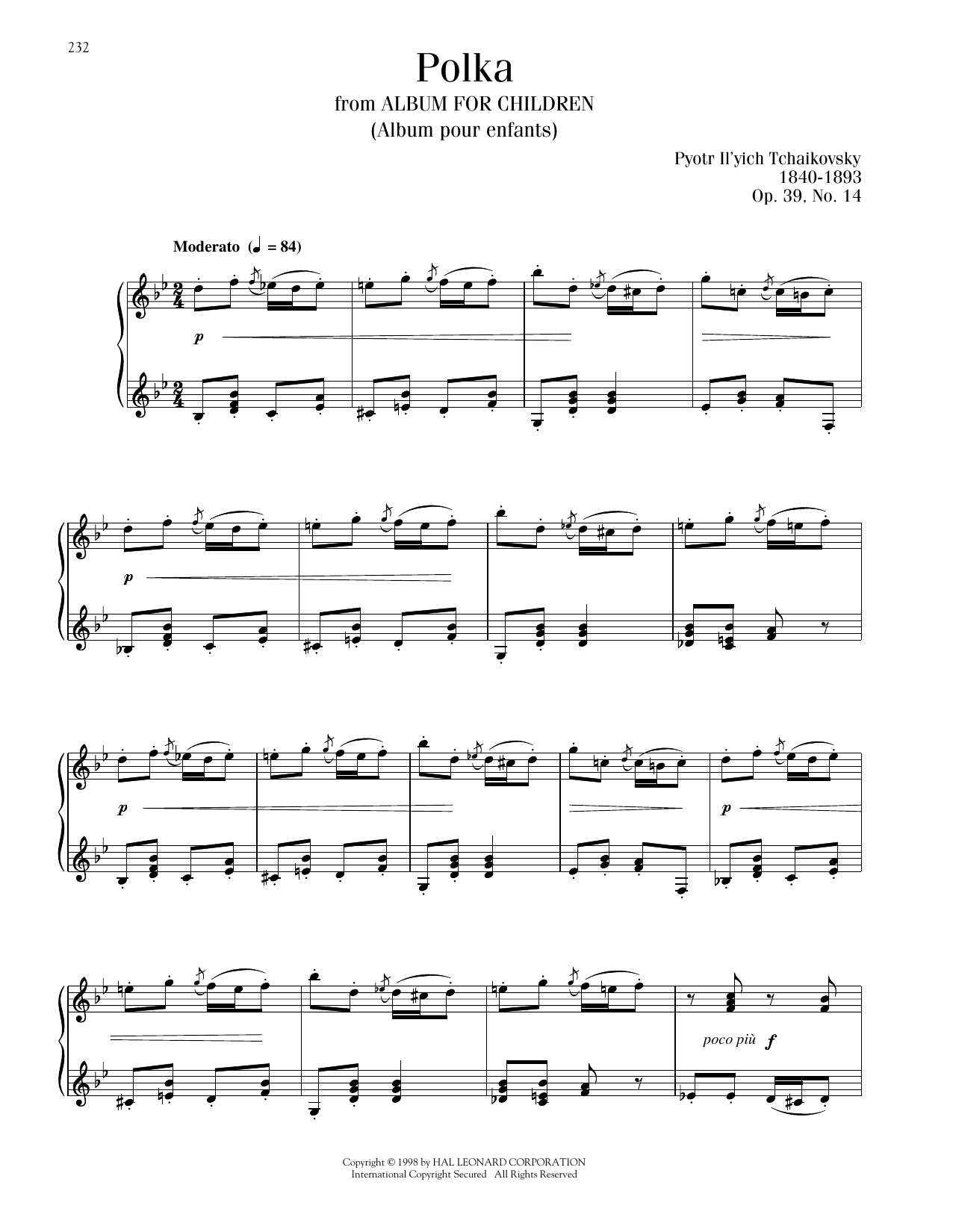 Pyotr Il'yich Tchaikovsky Polka, Op. 39, No. 14 Sheet Music Notes & Chords for Piano Solo - Download or Print PDF