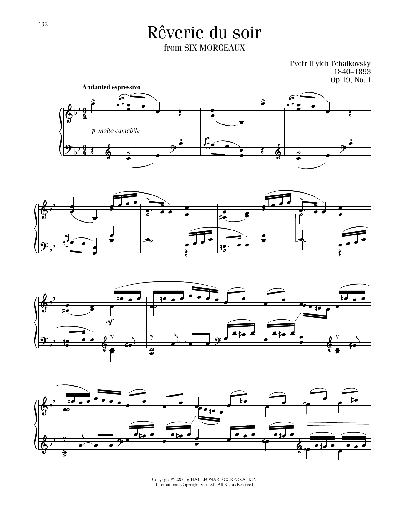 Pyotr Il'yich Tchaikovsky Reverie Du Soir, Op. 19, No. 1 Sheet Music Notes & Chords for Piano Solo - Download or Print PDF