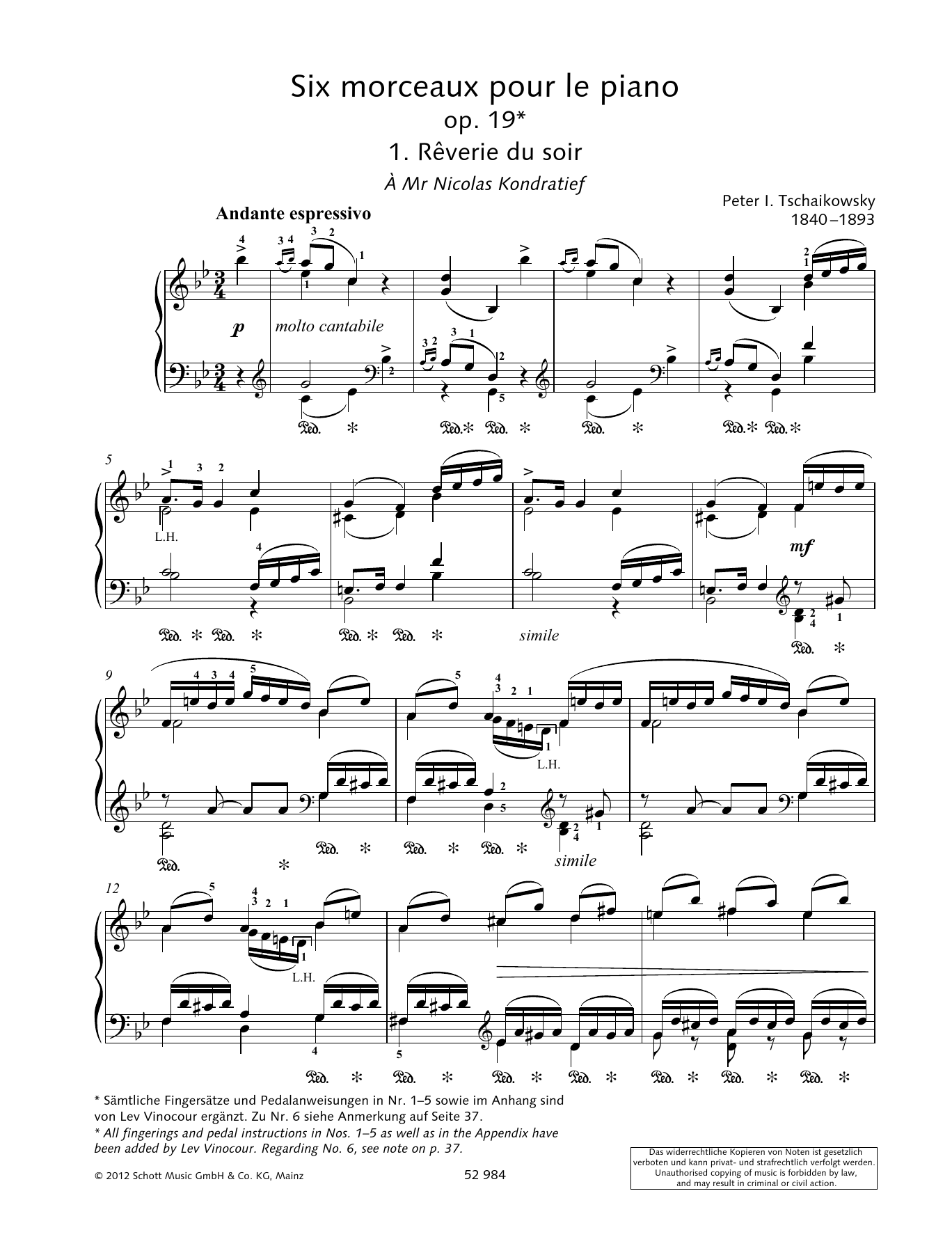 Pyotr Il'yich Tchaikovsky Reverie Du Soir Sheet Music Notes & Chords for Piano Solo - Download or Print PDF