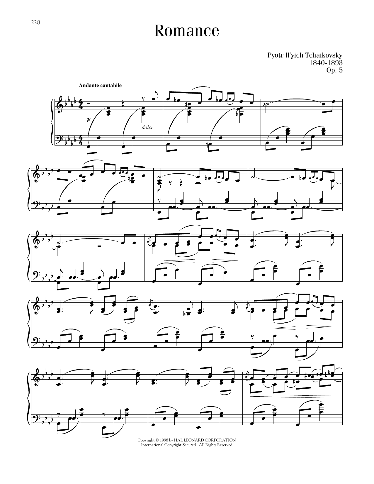Pyotr Il'yich Tchaikovsky Romance, Op. 5 Sheet Music Notes & Chords for Piano Solo - Download or Print PDF