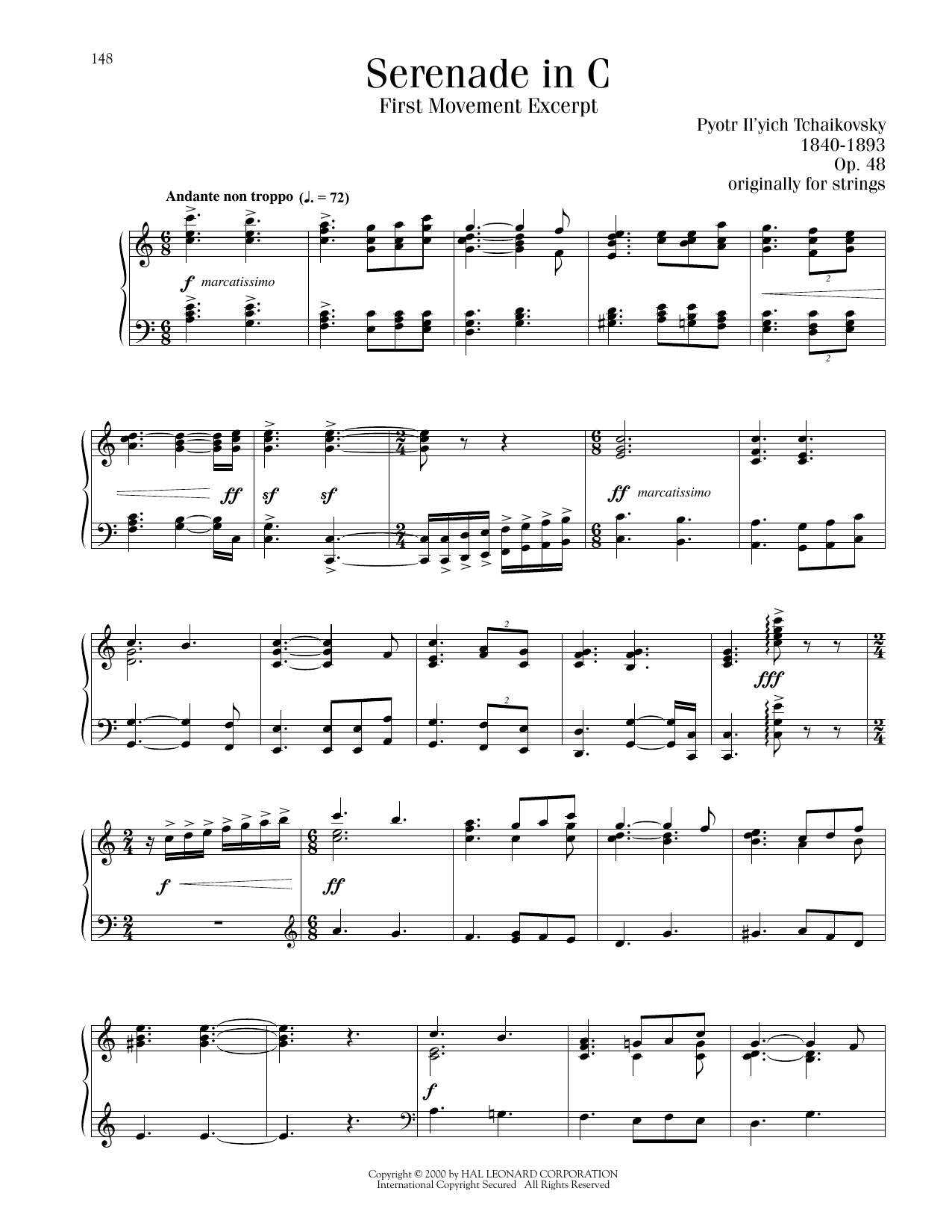 Pyotr Il'yich Tchaikovsky Serenade In C, Op. 48, First Movement Excerpt Sheet Music Notes & Chords for Piano Solo - Download or Print PDF