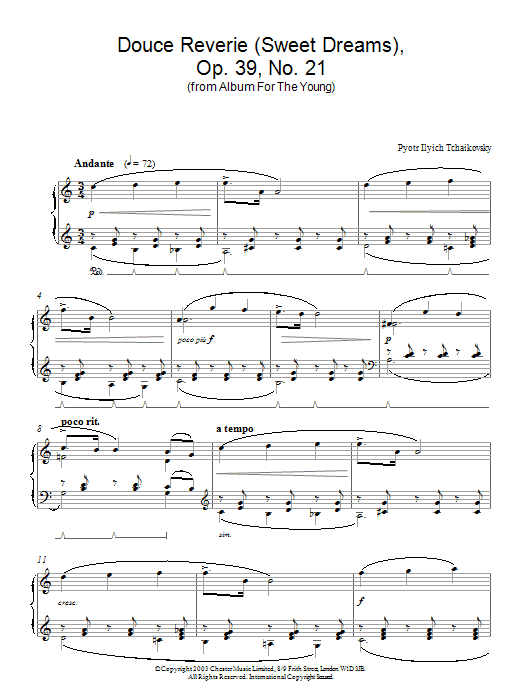 Pyotr Il'yich Tchaikovsky Sweet Dream (Douce Reverie), Op. 39, No. 21 (from Album For The Young) Sheet Music Notes & Chords for Piano - Download or Print PDF