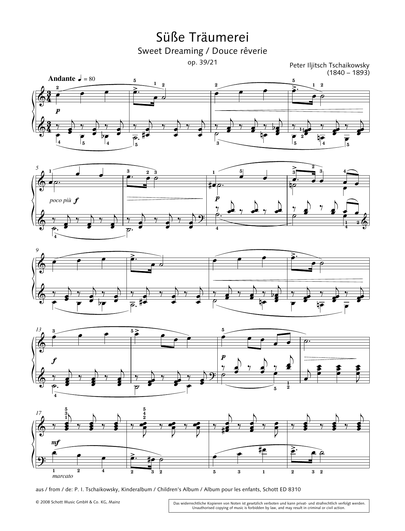 Pyotr Il'yich Tchaikovsky Sweet Dreaming Sheet Music Notes & Chords for Piano Solo - Download or Print PDF