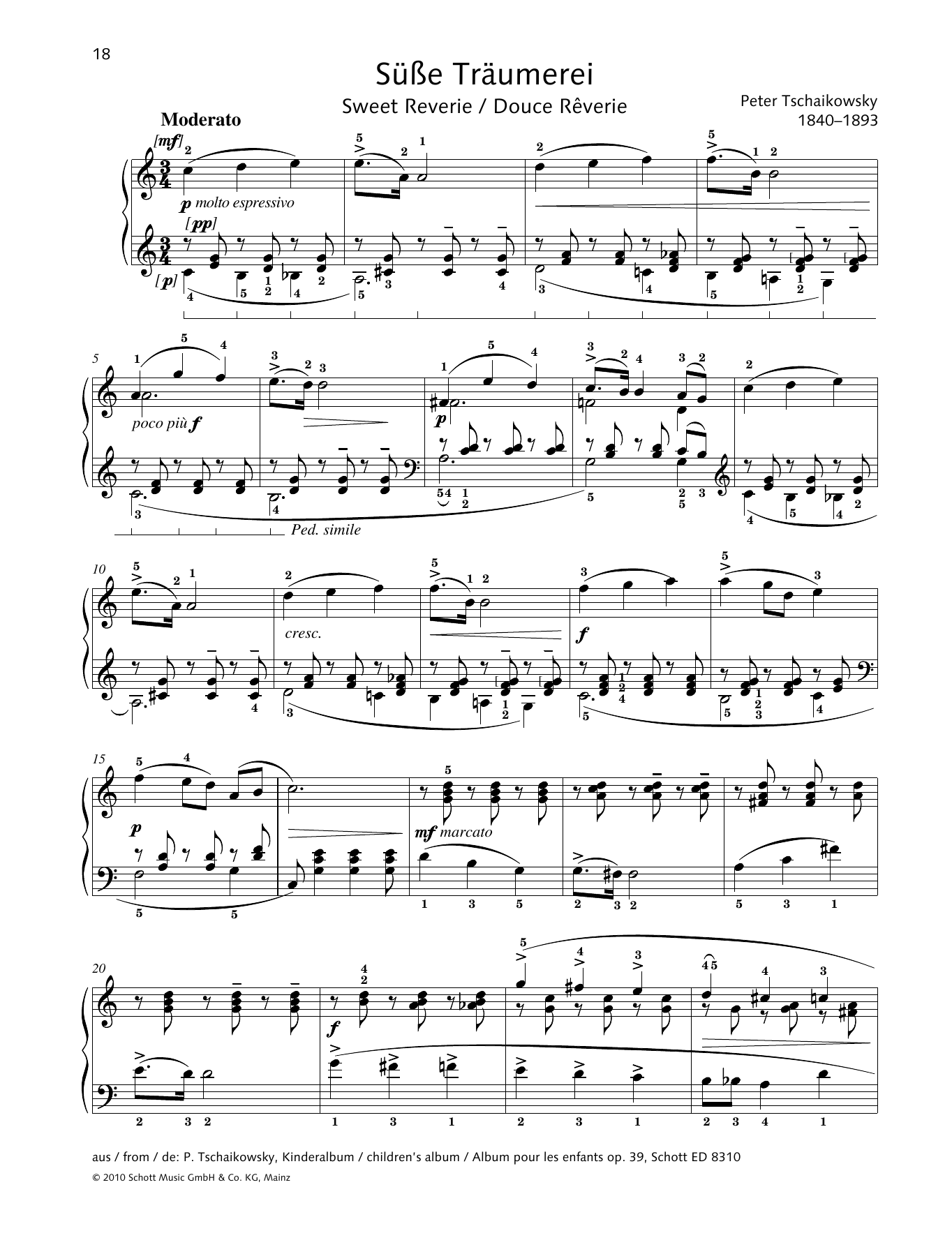 Pyotr Il'yich Tchaikovsky Sweet Reverie Sheet Music Notes & Chords for Piano Solo - Download or Print PDF