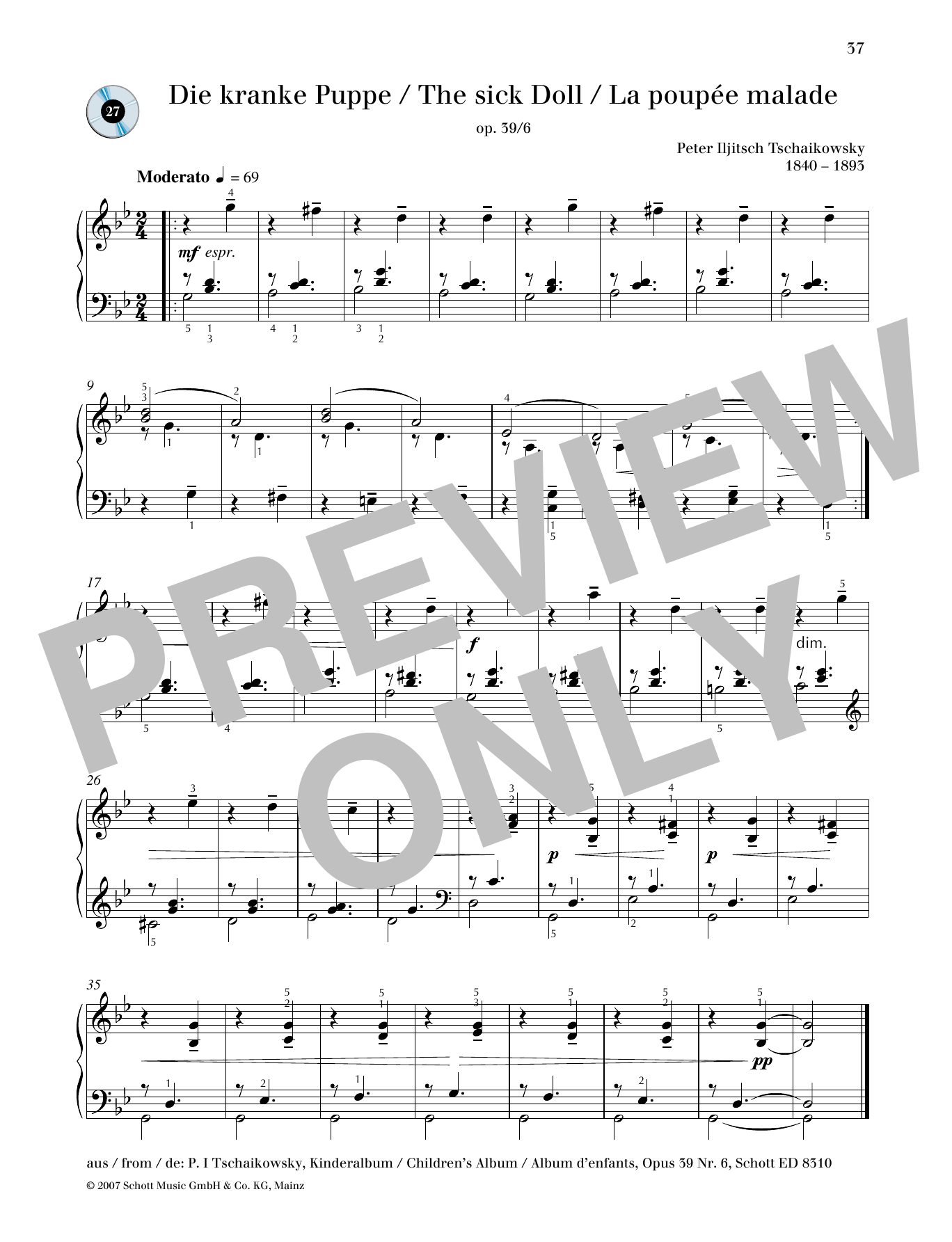 Pyotr Ilyich Tchaikovsky The Sick Doll Sheet Music Notes & Chords for Beginner Piano - Download or Print PDF