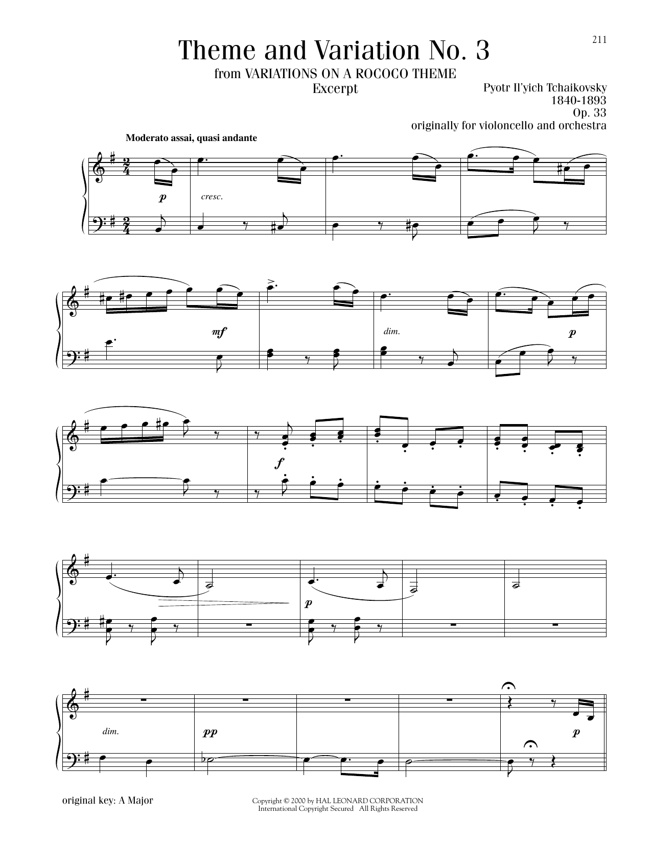 Pyotr Il'yich Tchaikovsky Theme And Variation No. 3, Op. 33 Sheet Music Notes & Chords for Piano Solo - Download or Print PDF