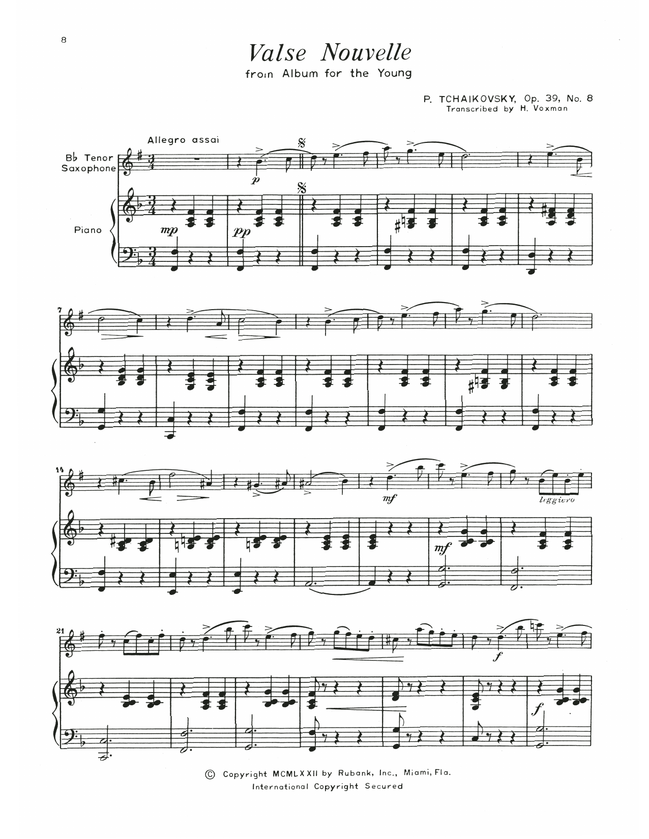 Pyotr Il'yich Tchaikovsky Valse Nouvelle Sheet Music Notes & Chords for Tenor Sax and Piano - Download or Print PDF
