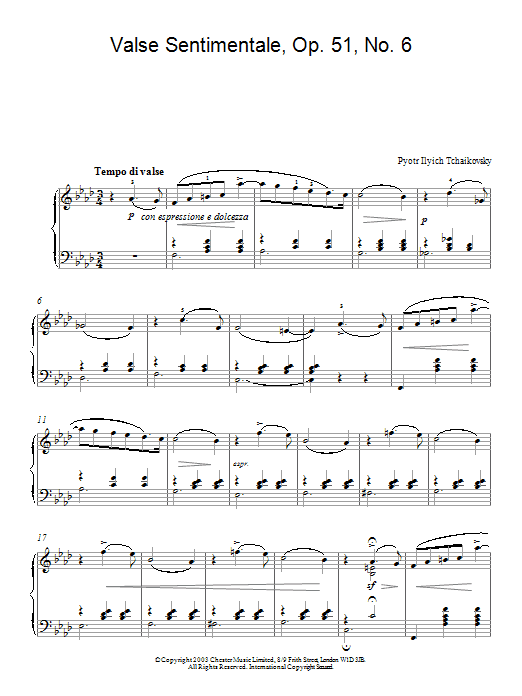 Pyotr Il'yich Tchaikovsky Valse Sentimentale, Op. 51, No. 6 Sheet Music Notes & Chords for Piano - Download or Print PDF