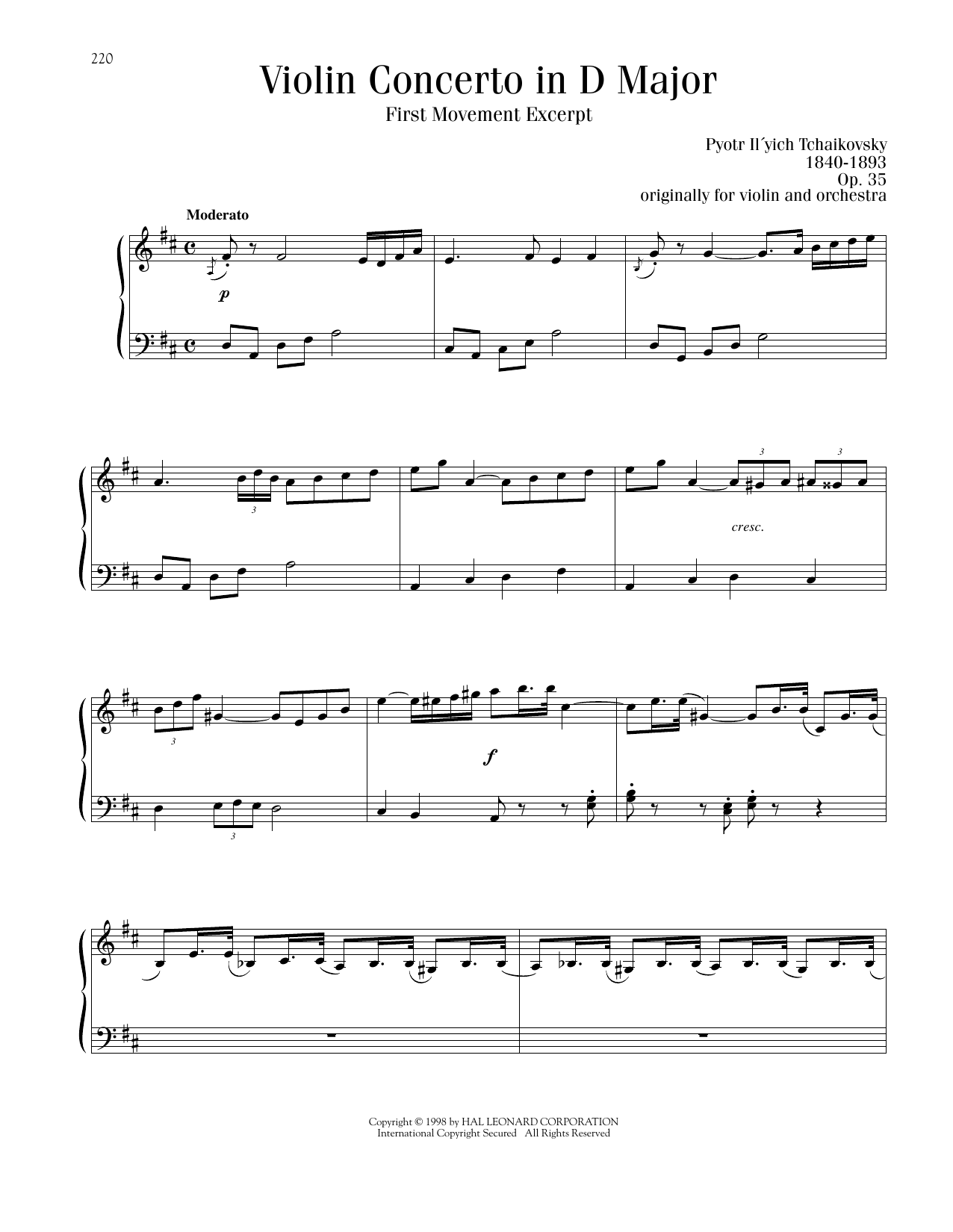Pyotr Il'yich Tchaikovsky Violin Concerto in D Major, Op. 35, First Movement Excerpt Sheet Music Notes & Chords for Piano Solo - Download or Print PDF