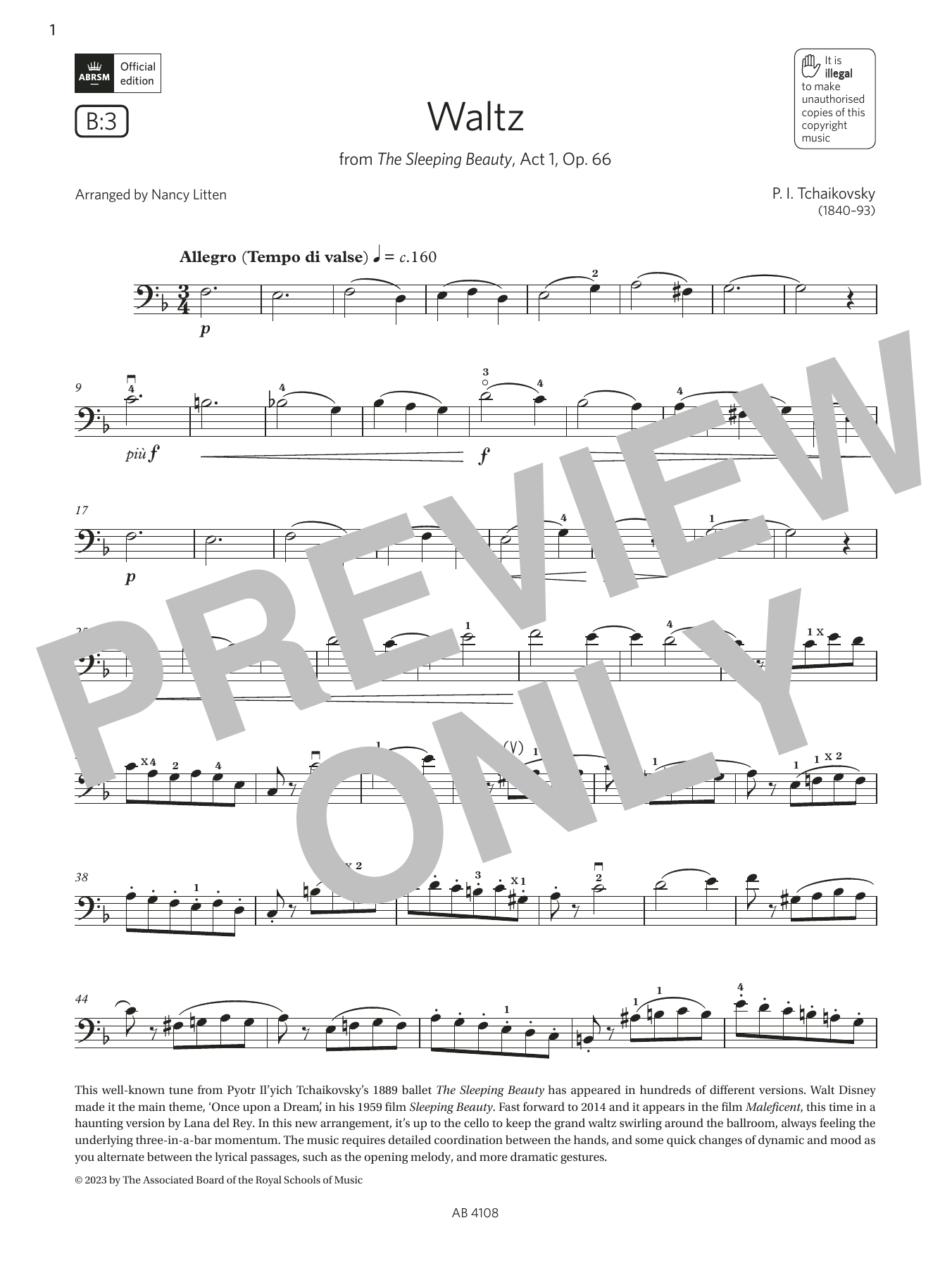 Pyotr Il'yich Tchaikovsky Waltz (Grade 5, B3, from the ABRSM Cello Syllabus from 2024) Sheet Music Notes & Chords for Cello Solo - Download or Print PDF