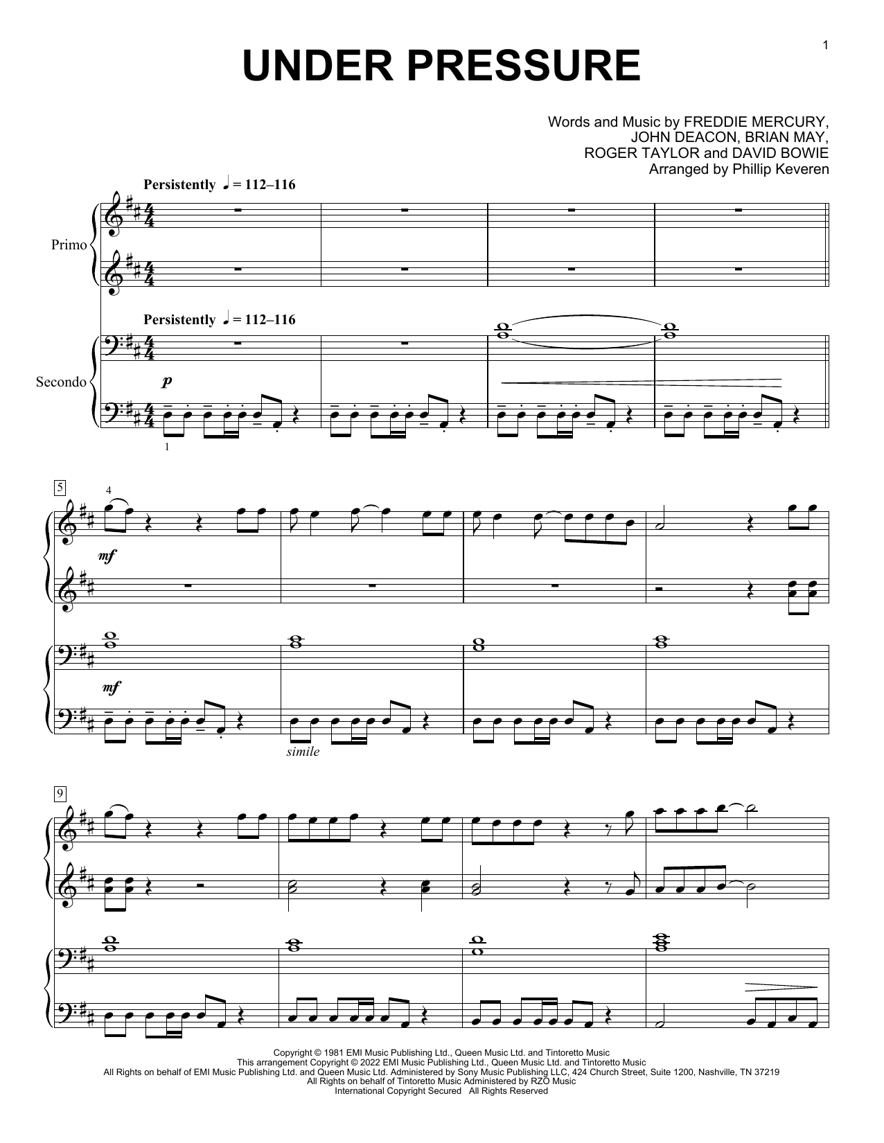 Queen & David Bowie Under Pressure (arr. Phillip Keveren) Sheet Music Notes & Chords for Piano Duet - Download or Print PDF