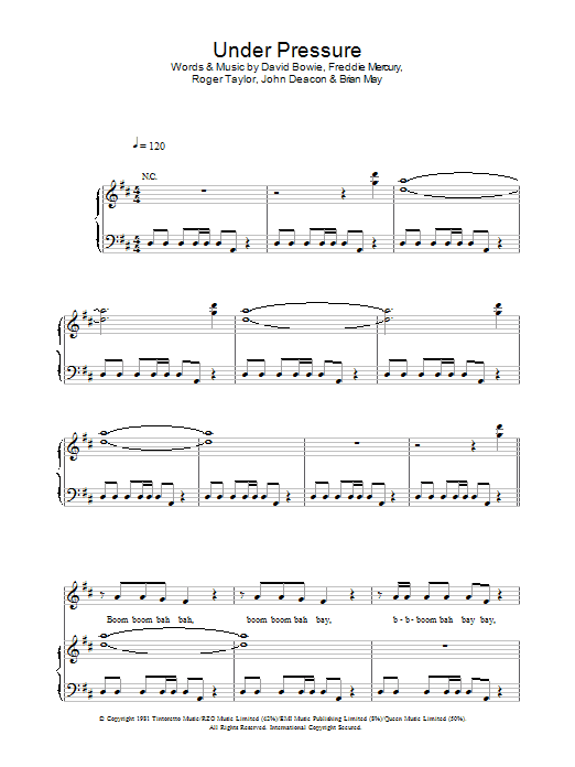 Queen & David Bowie Under Pressure Sheet Music Notes & Chords for Piano, Vocal & Guitar - Download or Print PDF