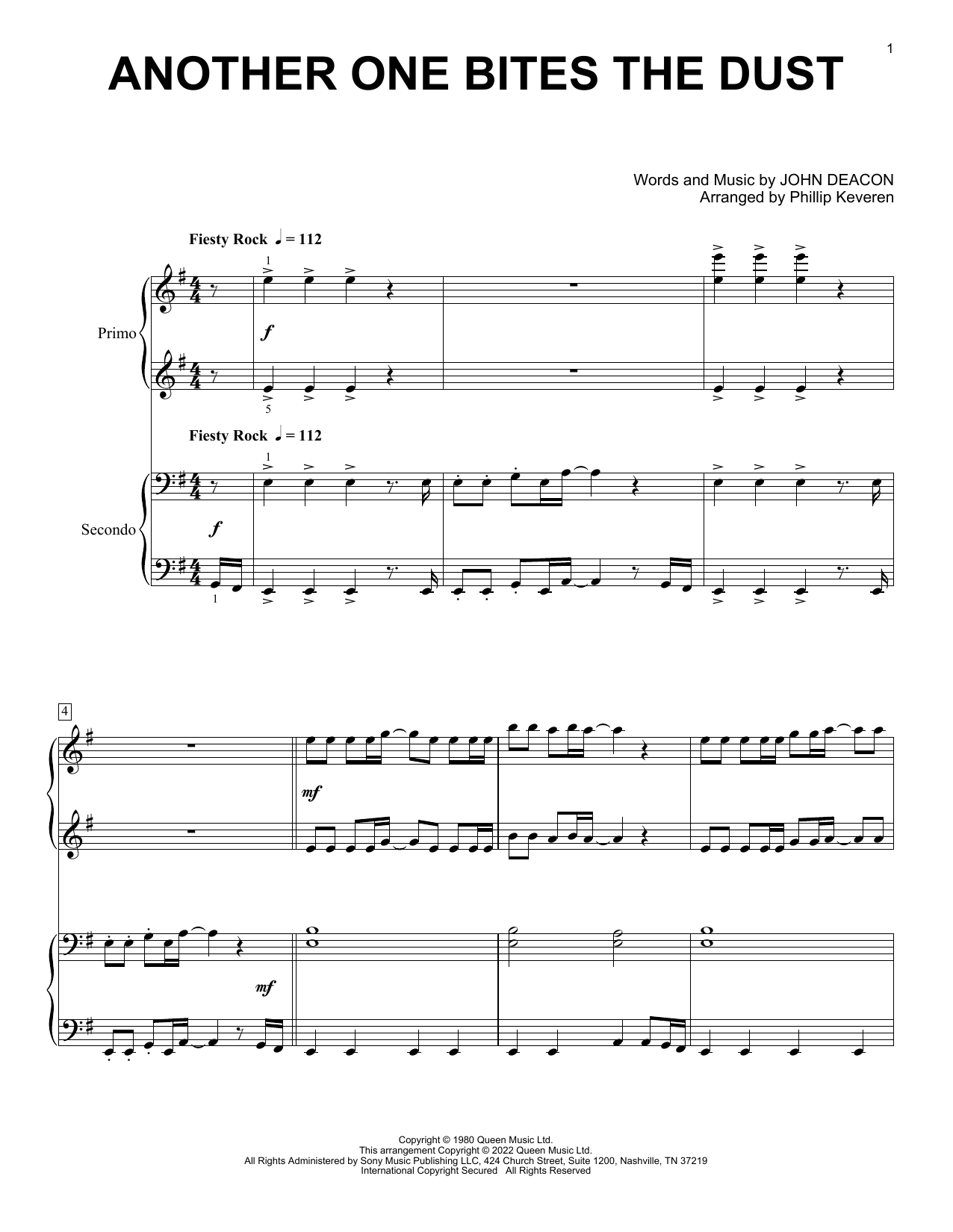Queen Another One Bites The Dust (arr. Phillip Keveren) Sheet Music Notes & Chords for Piano Duet - Download or Print PDF