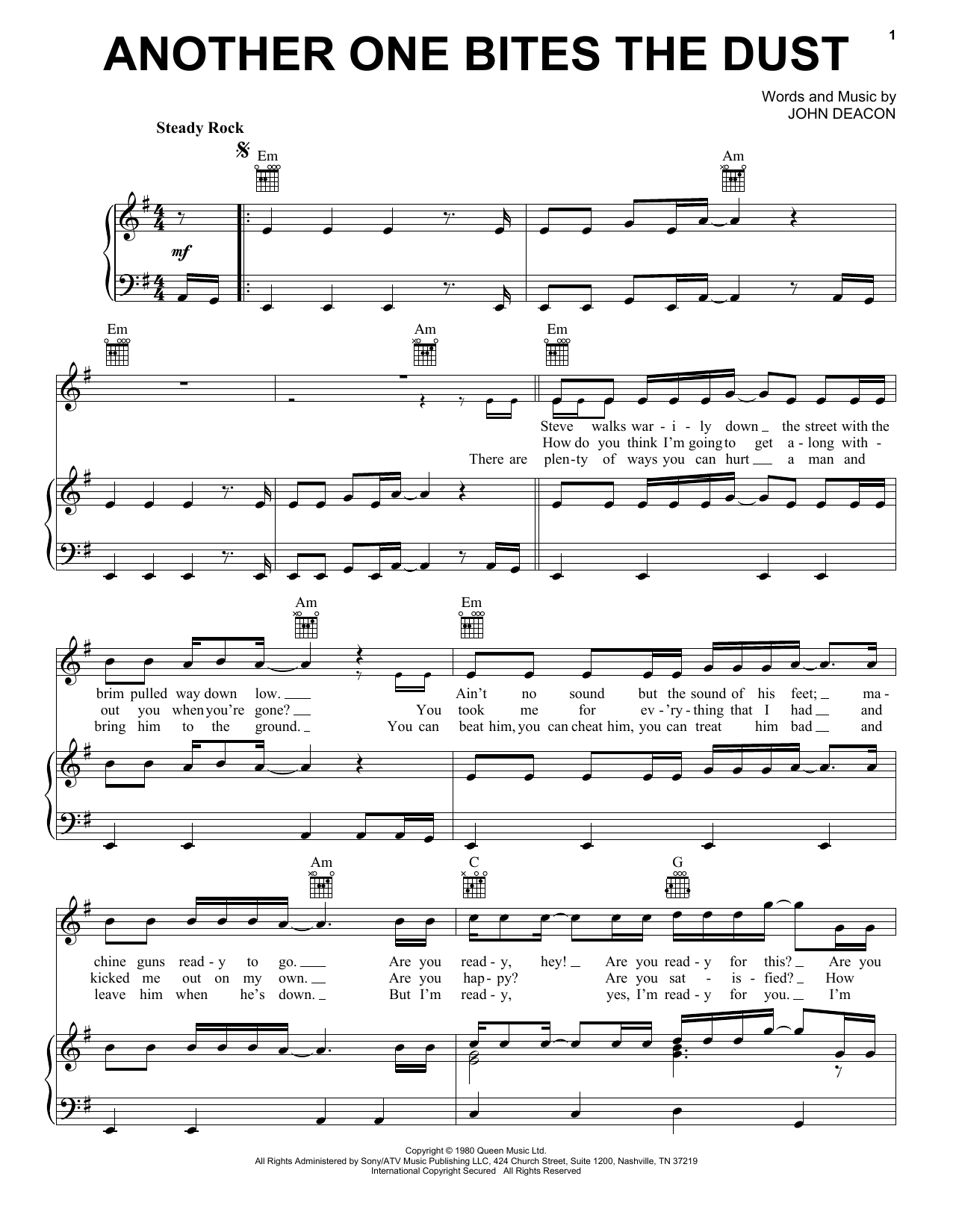 Queen Another One Bites The Dust Sheet Music Notes & Chords for Easy Piano - Download or Print PDF