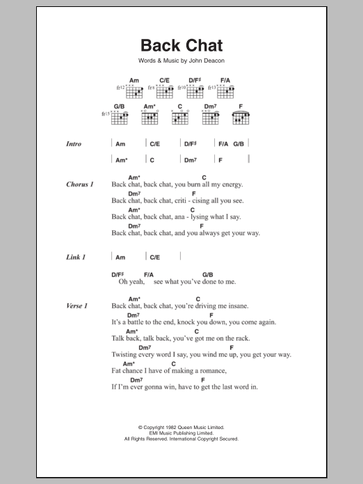 Queen Back Chat Sheet Music Notes & Chords for Lyrics & Chords - Download or Print PDF