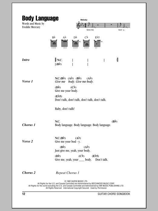 Queen Body Language Sheet Music Notes & Chords for Piano, Vocal & Guitar (Right-Hand Melody) - Download or Print PDF