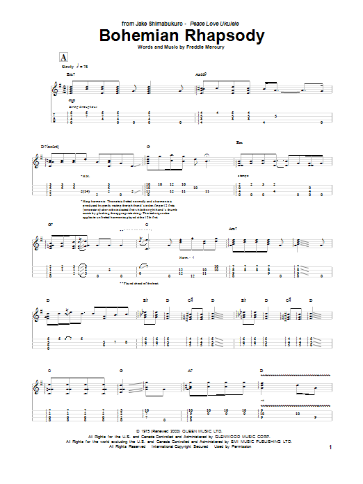 Queen Bohemian Rhapsody (arr. Jake Shimabukuro) Sheet Music Notes & Chords for UKETAB - Download or Print PDF