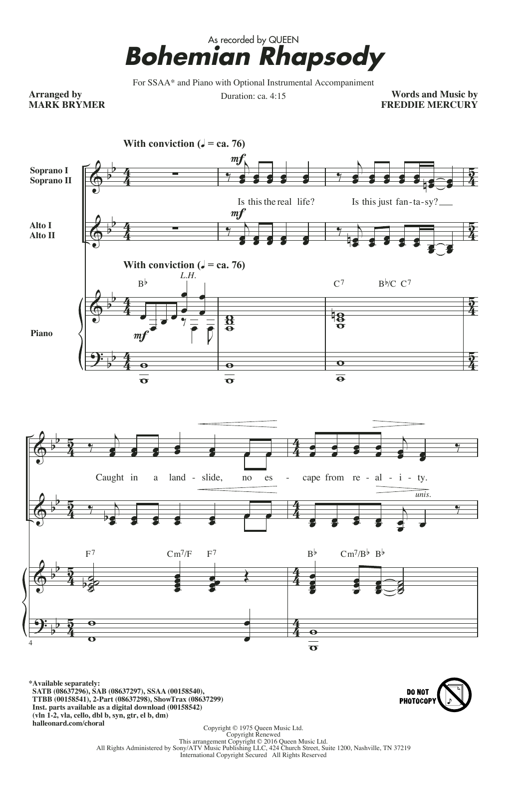 Queen Bohemian Rhapsody (arr. Mark Brymer) Sheet Music Notes & Chords for SSAA - Download or Print PDF