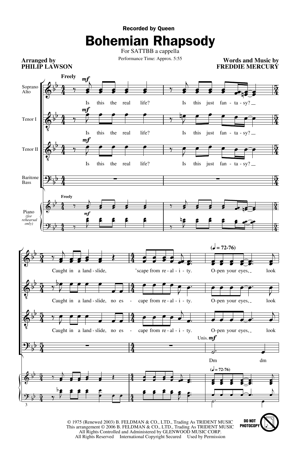 Queen Bohemian Rhapsody (arr. Philip Lawson) Sheet Music Notes & Chords for SATB Choir - Download or Print PDF