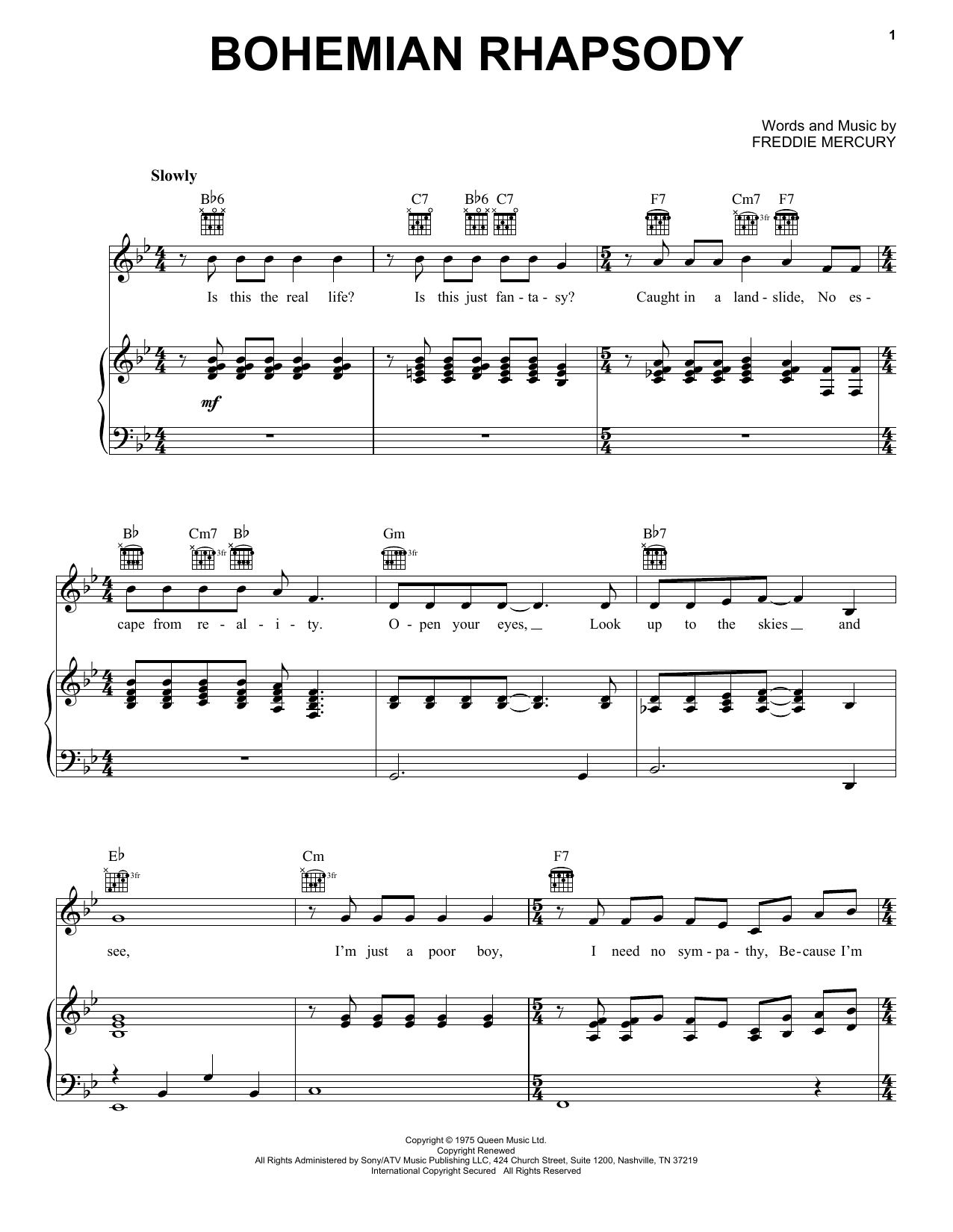 Queen Bohemian Rhapsody Sheet Music Notes & Chords for Voice - Download or Print PDF