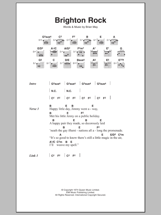 Queen Brighton Rock Sheet Music Notes & Chords for Piano, Vocal & Guitar (Right-Hand Melody) - Download or Print PDF