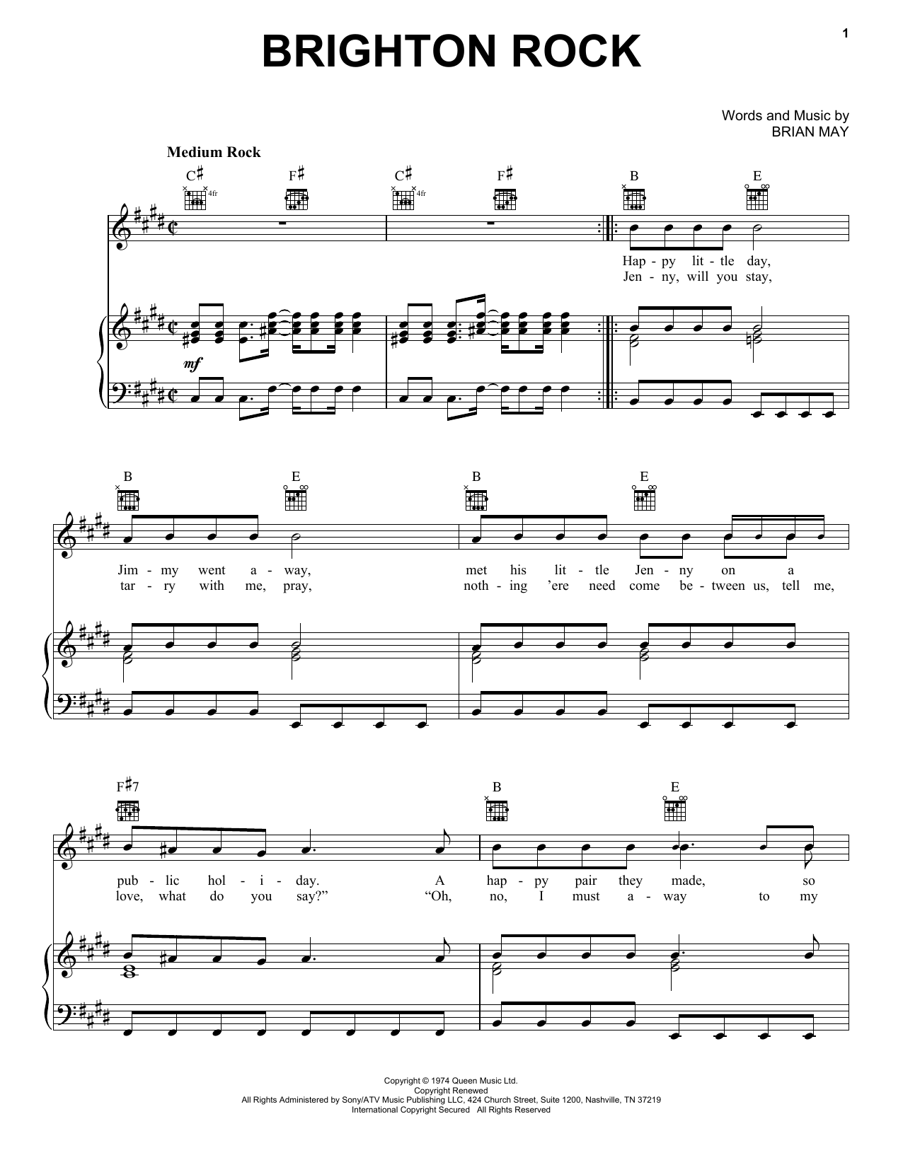 Queen Brighton Rock Sheet Music Notes & Chords for Piano, Vocal & Guitar (Right-Hand Melody) - Download or Print PDF