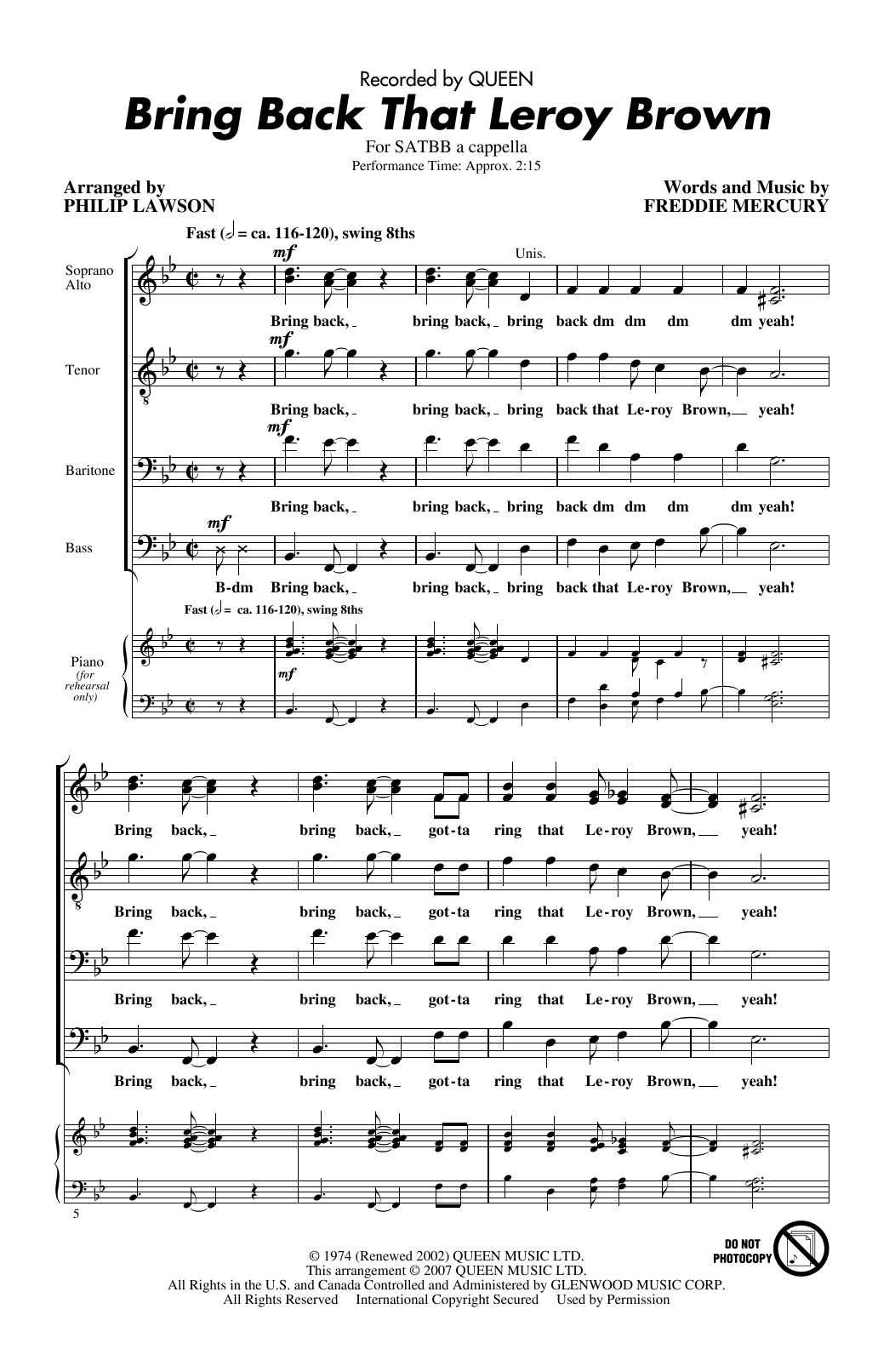 Queen Bring Back That Leroy Brown (arr. Philip Lawson) Sheet Music Notes & Chords for SATB Choir - Download or Print PDF