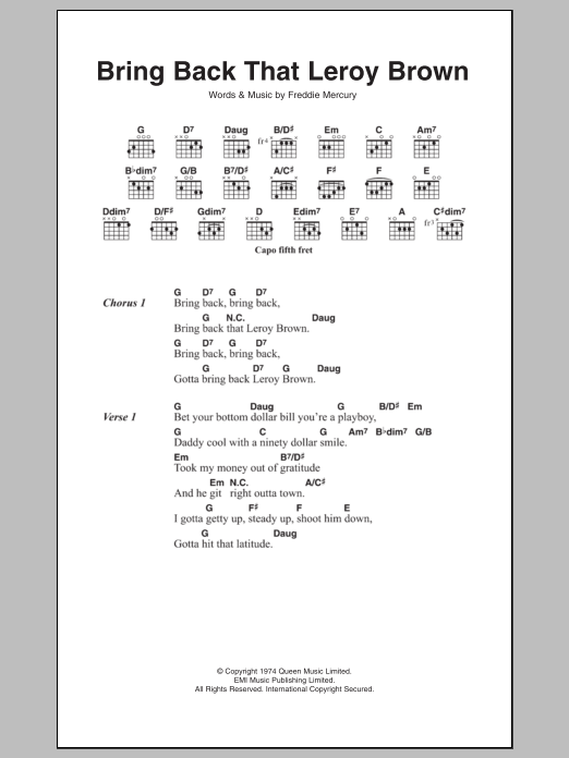 Queen Bring Back That Leroy Brown Sheet Music Notes & Chords for Lyrics & Chords - Download or Print PDF