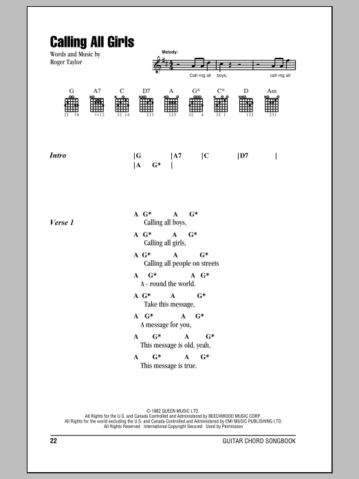 Queen Calling All Girls Sheet Music Notes & Chords for Piano, Vocal & Guitar (Right-Hand Melody) - Download or Print PDF