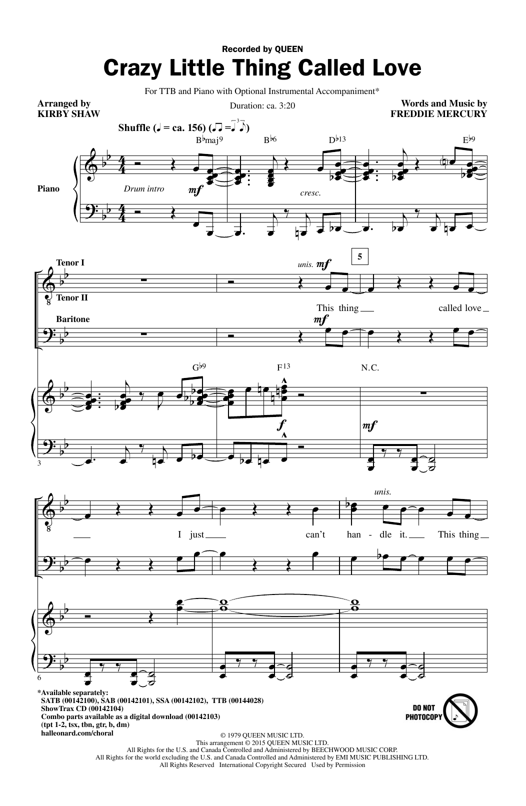Queen Crazy Little Thing Called Love (arr. Kirby Shaw) Sheet Music Notes & Chords for TBB - Download or Print PDF