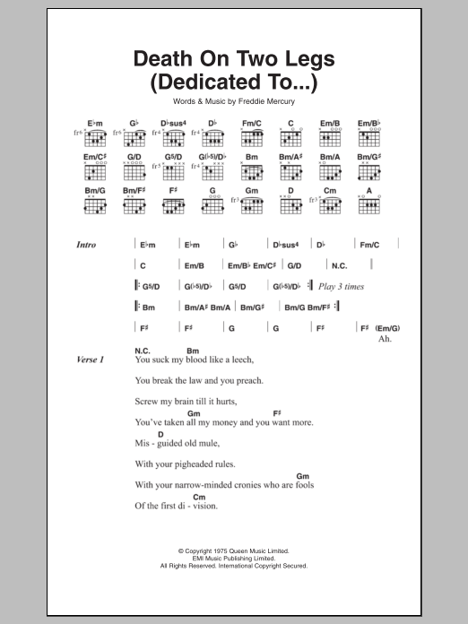 Queen Death On Two Legs (Dedicated To...) Sheet Music Notes & Chords for Lyrics & Chords - Download or Print PDF