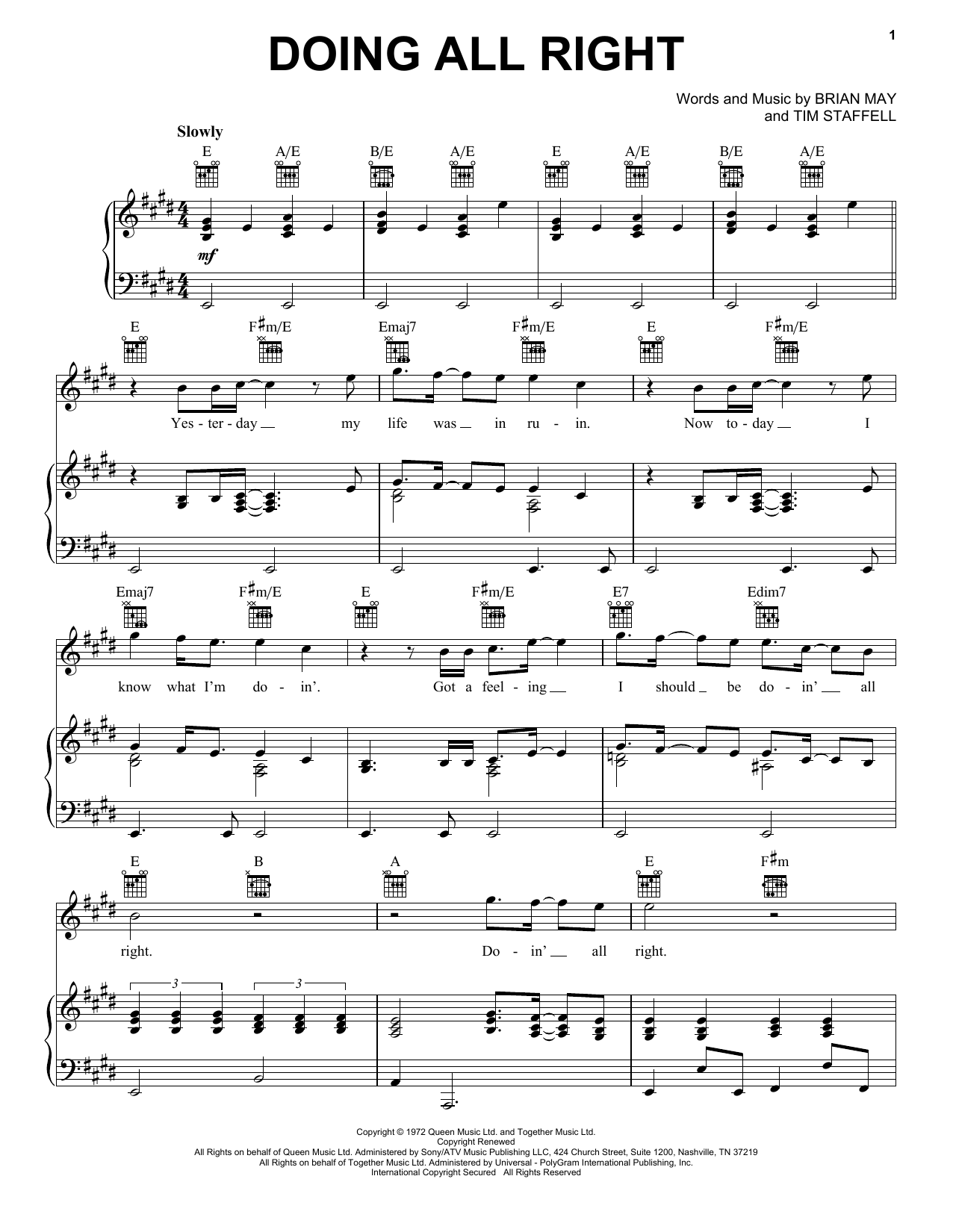 Queen Doing All Right Sheet Music Notes & Chords for Easy Piano - Download or Print PDF