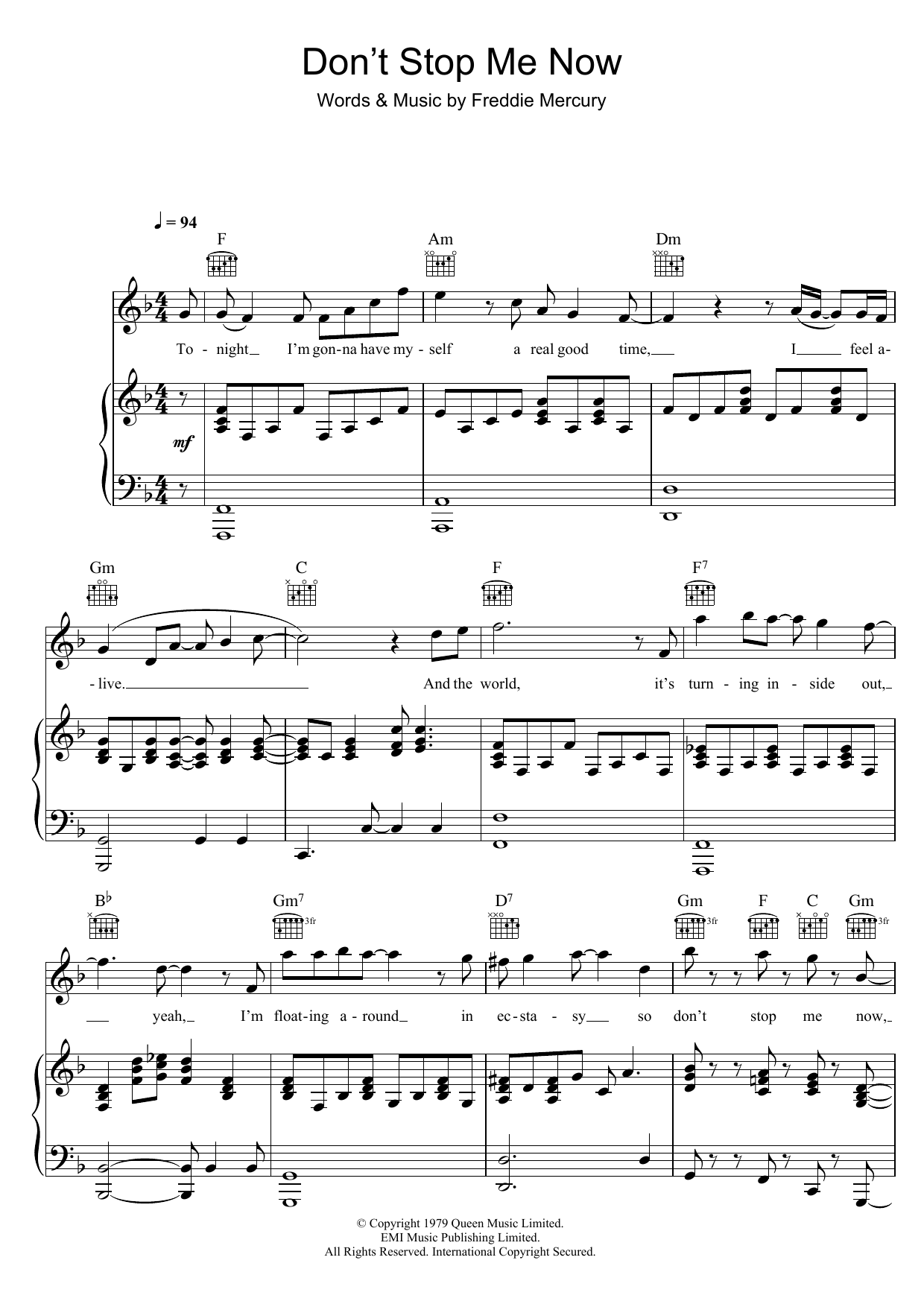 Queen Don't Stop Me Now Sheet Music Notes & Chords for Piano, Vocal & Guitar - Download or Print PDF