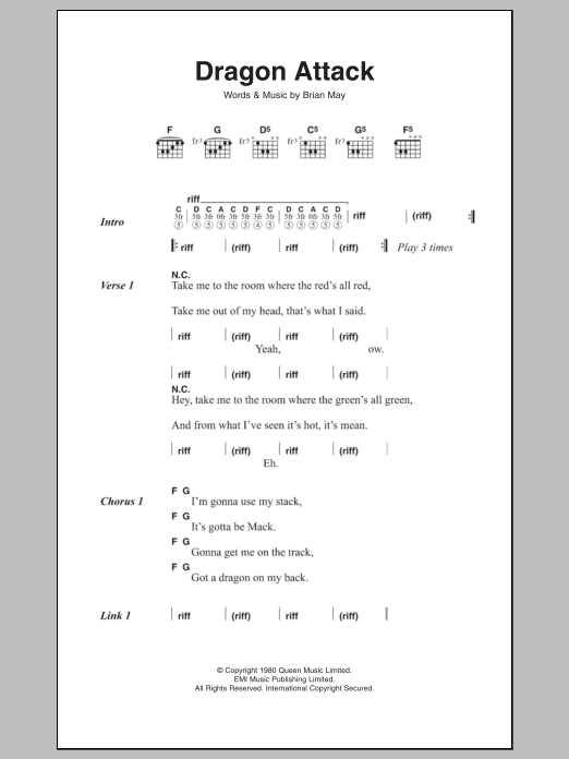 Queen Dragon Attack Sheet Music Notes & Chords for Lyrics & Chords - Download or Print PDF