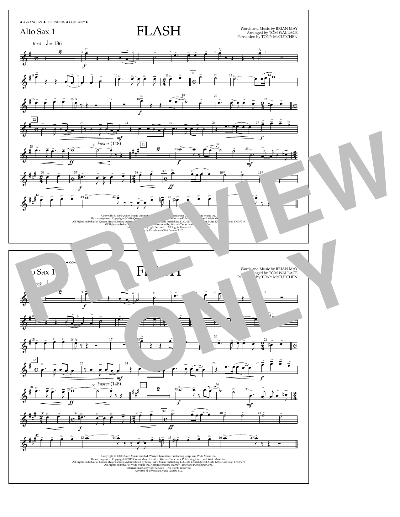 Queen Flash (arr. Tom Wallace) - Alto Sax 1 Sheet Music Notes & Chords for Marching Band - Download or Print PDF
