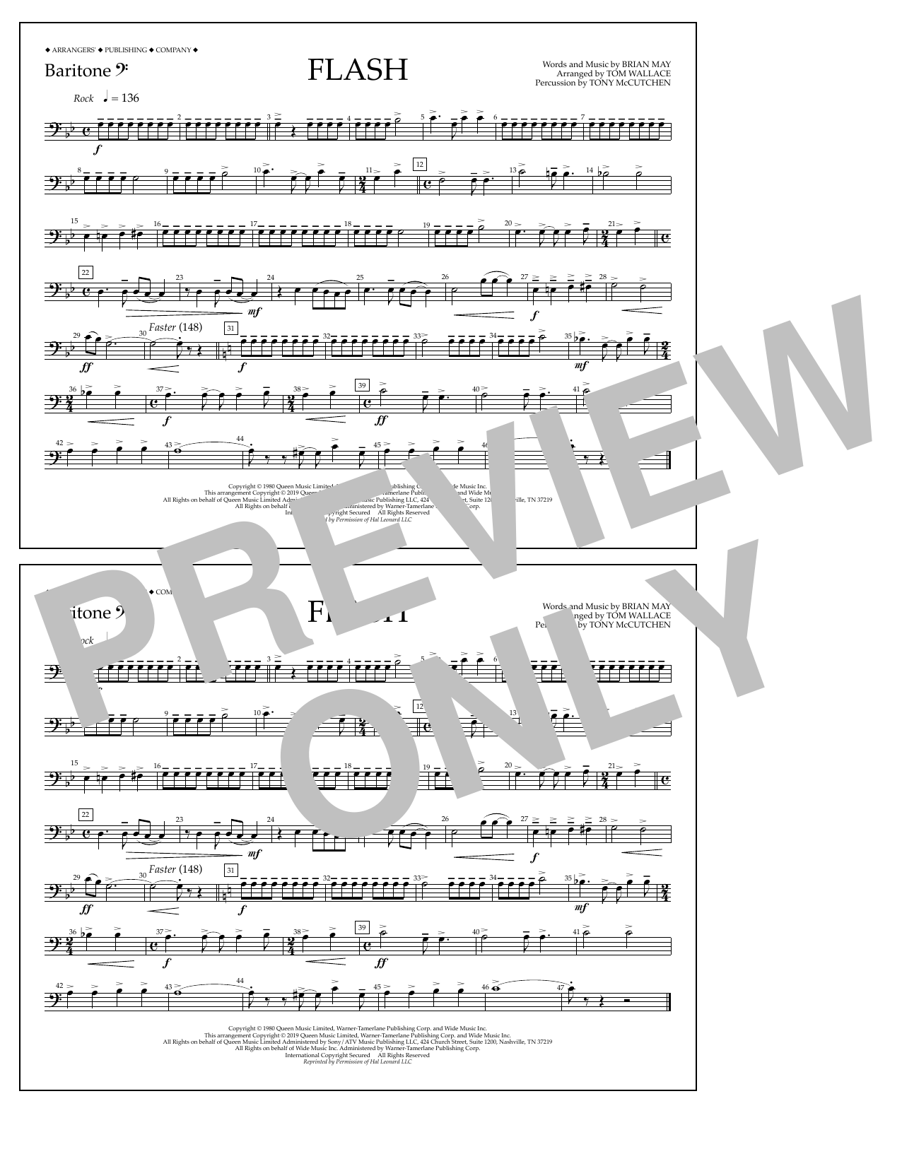 Queen Flash (arr. Tom Wallace) - Baritone B.C. Sheet Music Notes & Chords for Marching Band - Download or Print PDF