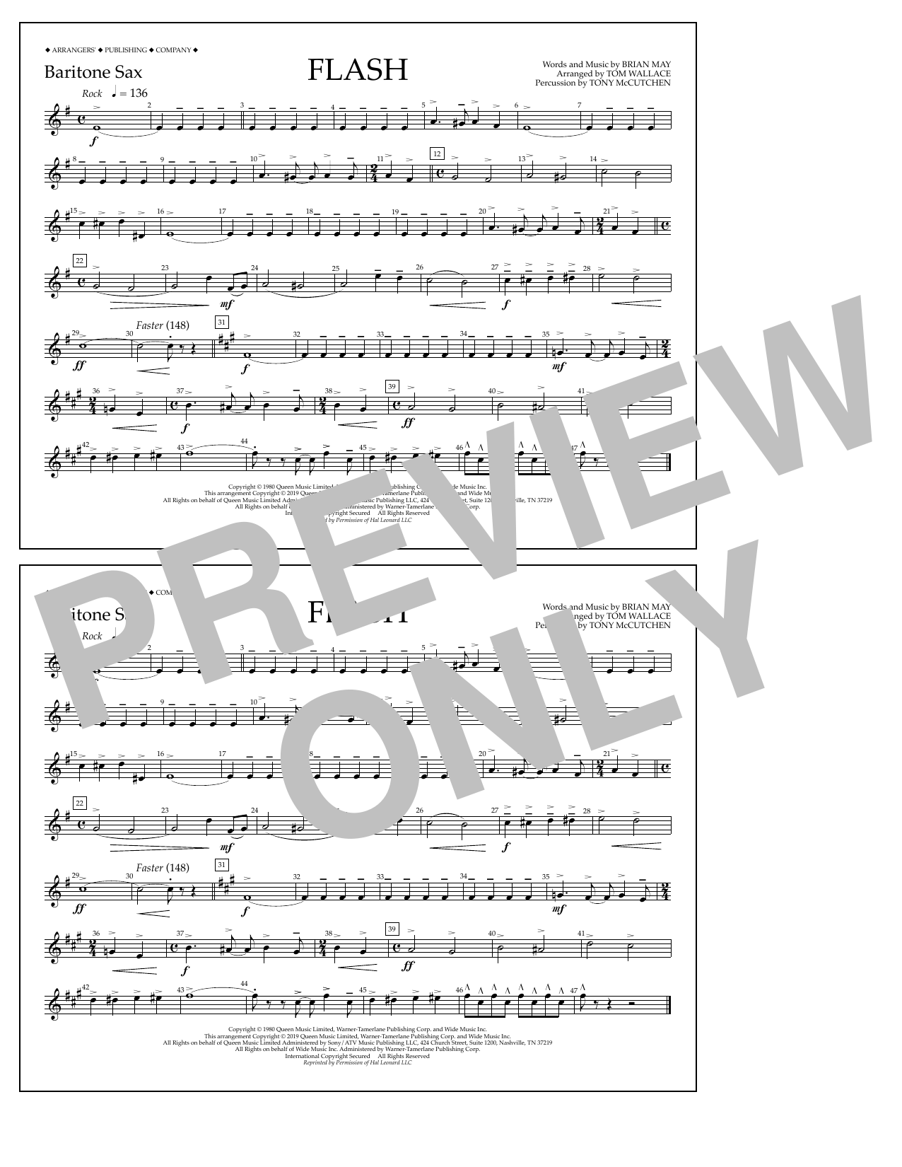 Queen Flash (arr. Tom Wallace) - Baritone Sax Sheet Music Notes & Chords for Marching Band - Download or Print PDF