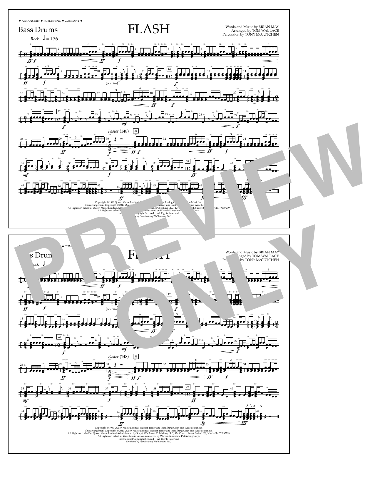 Queen Flash (arr. Tom Wallace) - Bass Drums Sheet Music Notes & Chords for Marching Band - Download or Print PDF