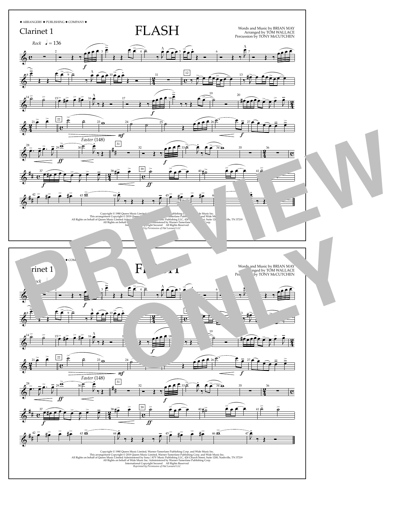 Queen Flash (arr. Tom Wallace) - Clarinet 1 Sheet Music Notes & Chords for Marching Band - Download or Print PDF