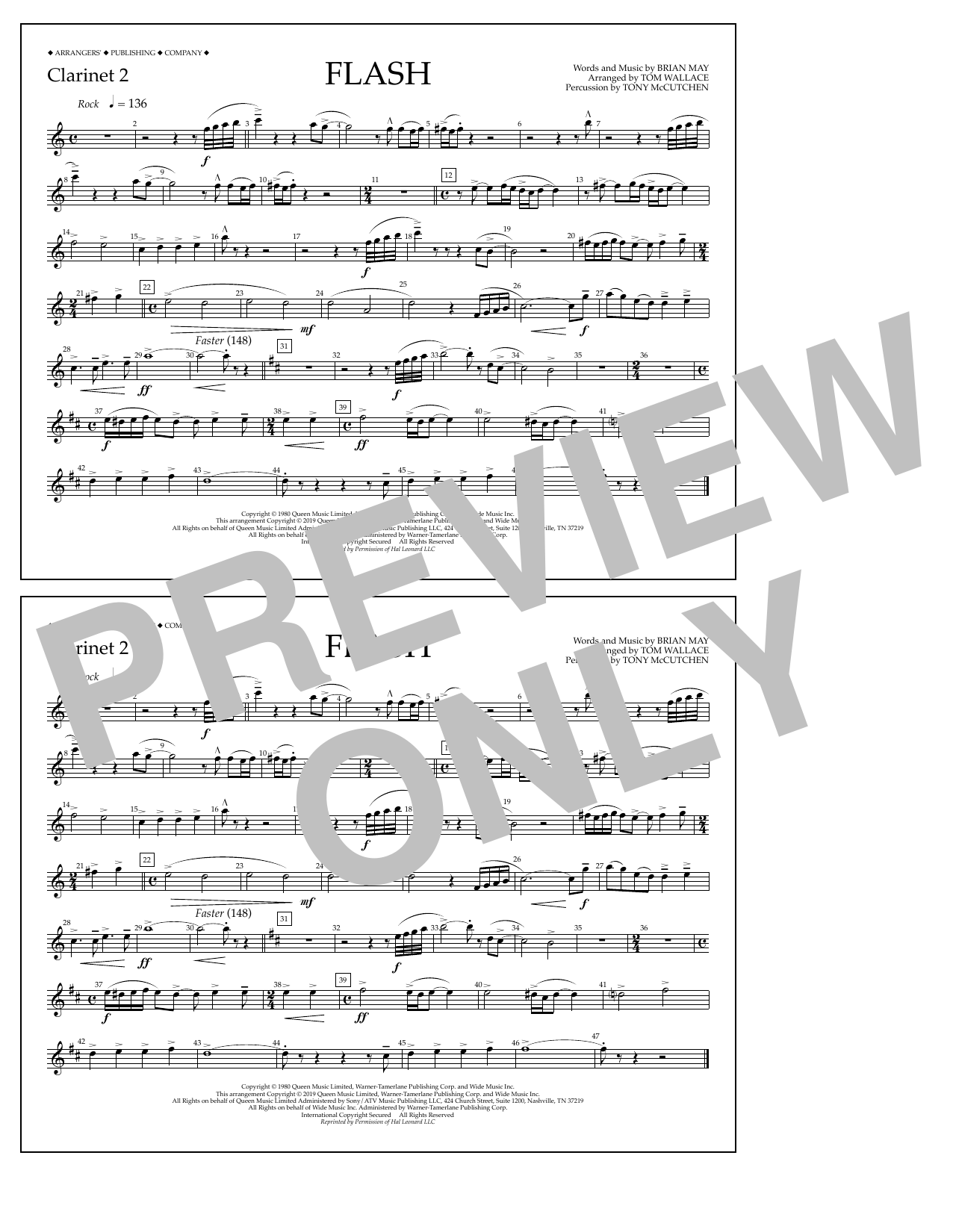Queen Flash (arr. Tom Wallace) - Clarinet 2 Sheet Music Notes & Chords for Marching Band - Download or Print PDF