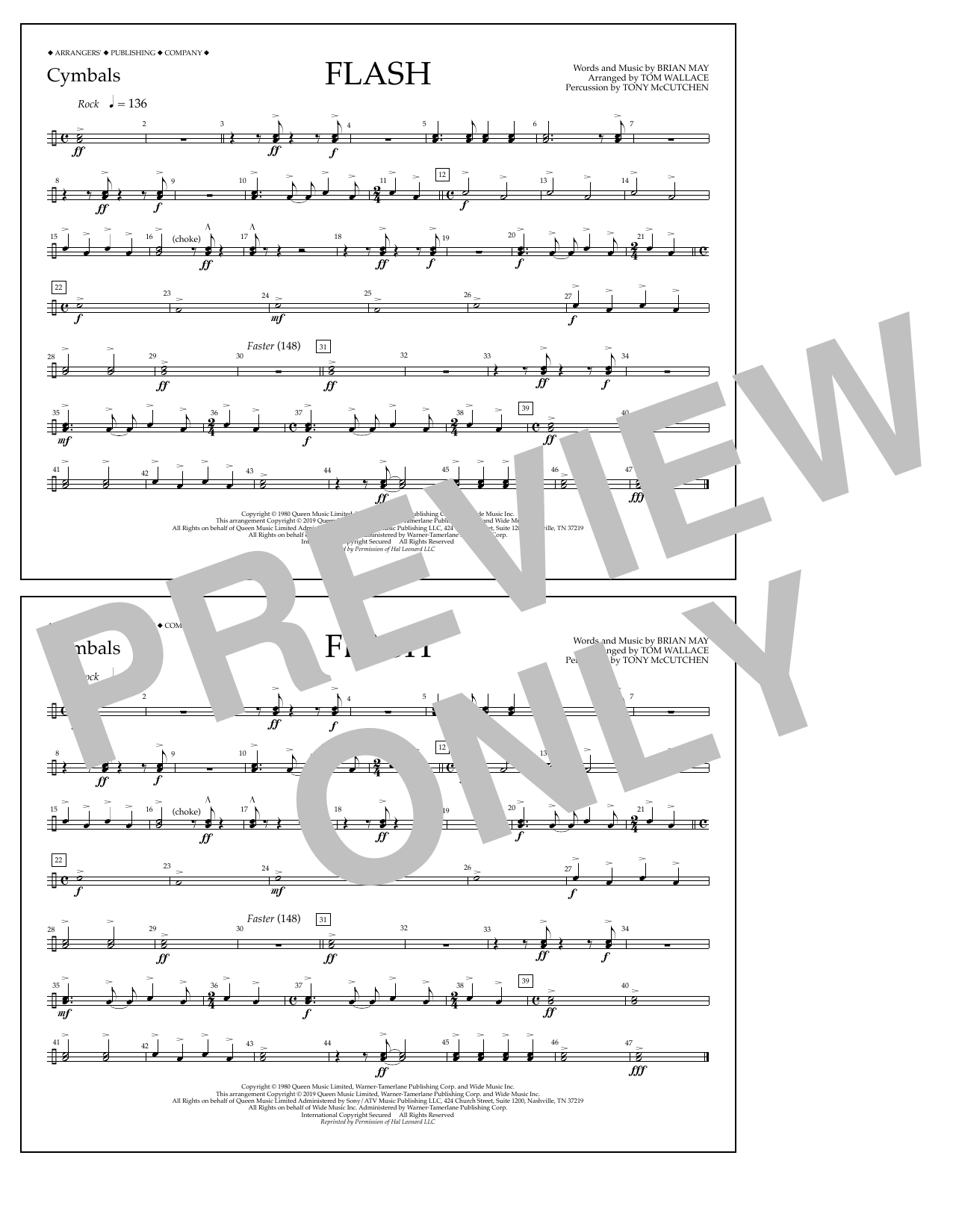 Queen Flash (arr. Tom Wallace) - Cymbals Sheet Music Notes & Chords for Marching Band - Download or Print PDF