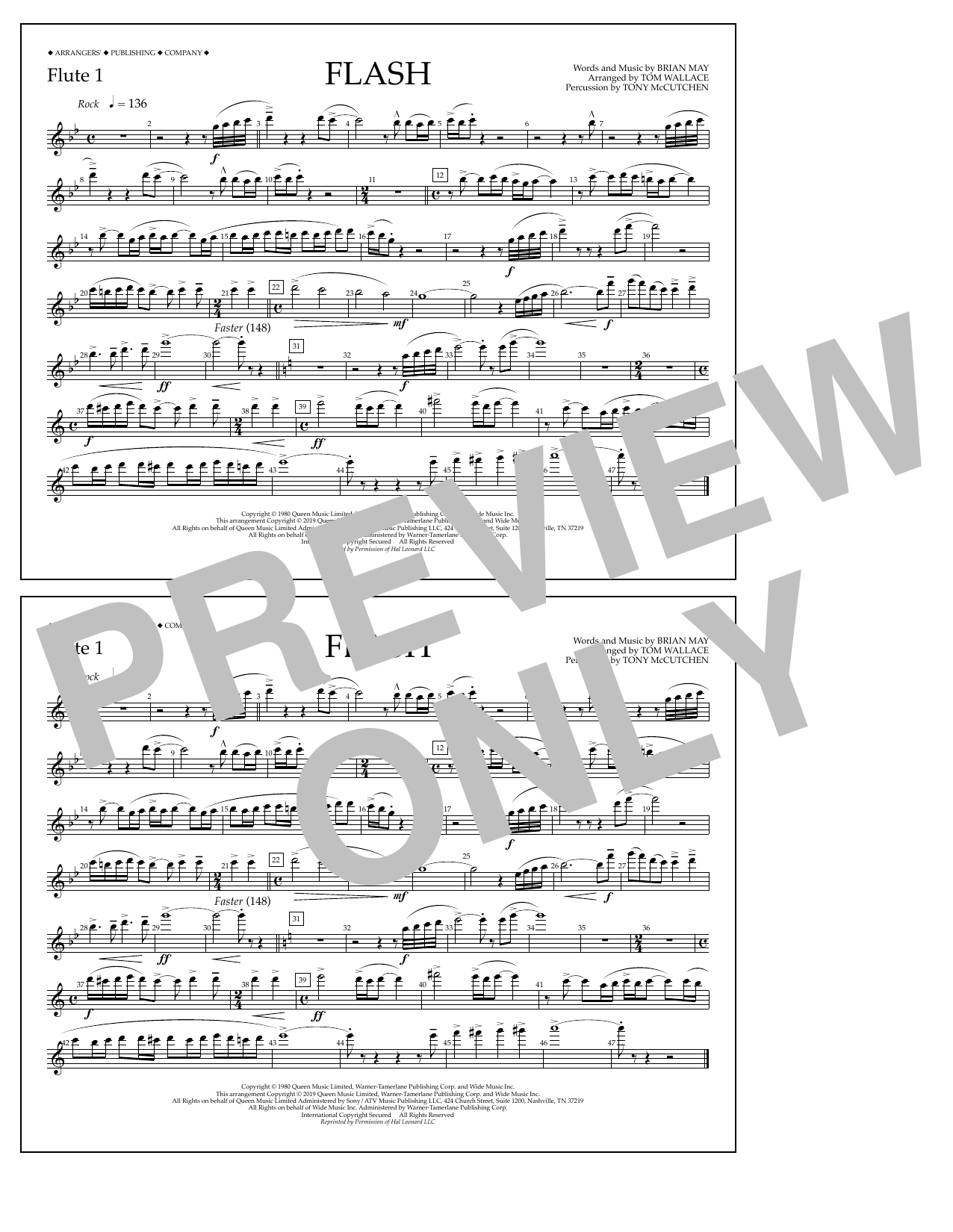 Queen Flash (arr. Tom Wallace) - Flute 1 Sheet Music Notes & Chords for Marching Band - Download or Print PDF