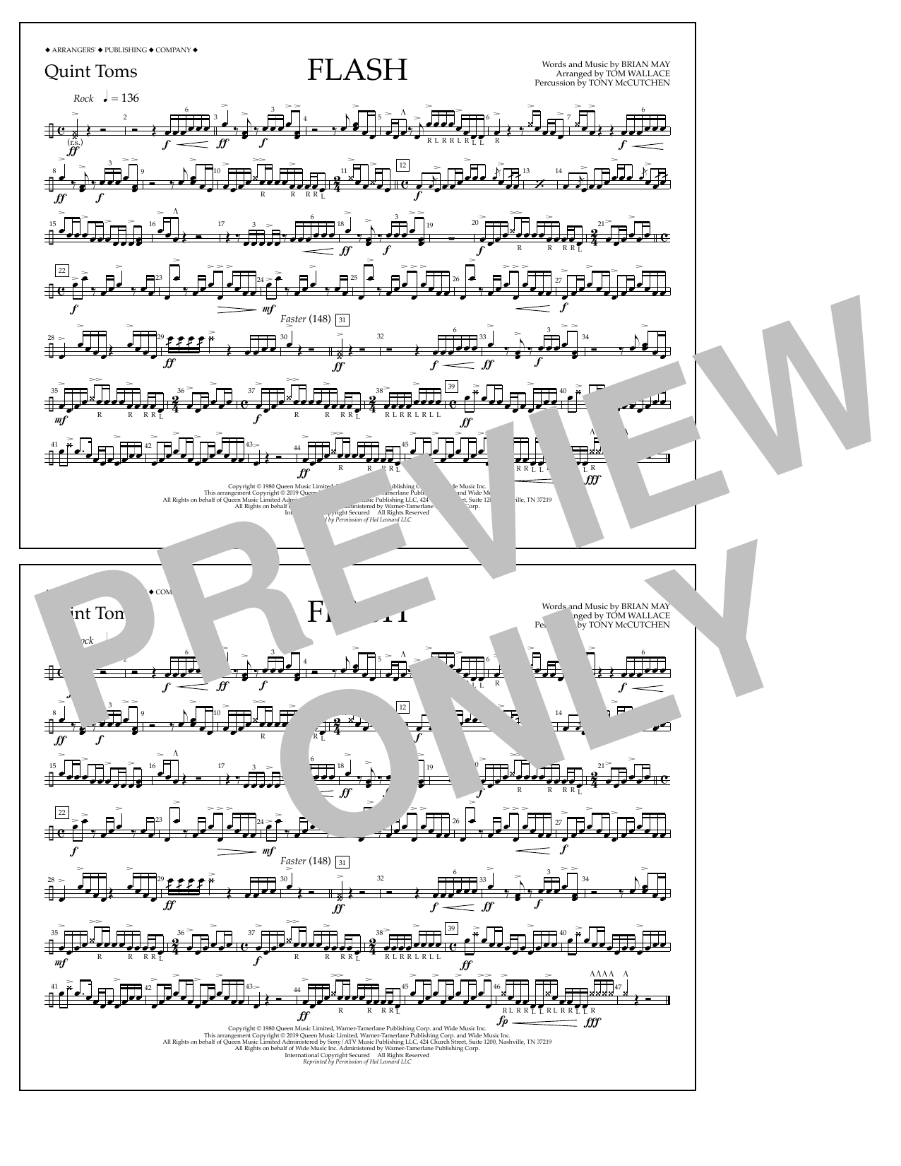 Queen Flash (arr. Tom Wallace) - Quint-Toms Sheet Music Notes & Chords for Marching Band - Download or Print PDF