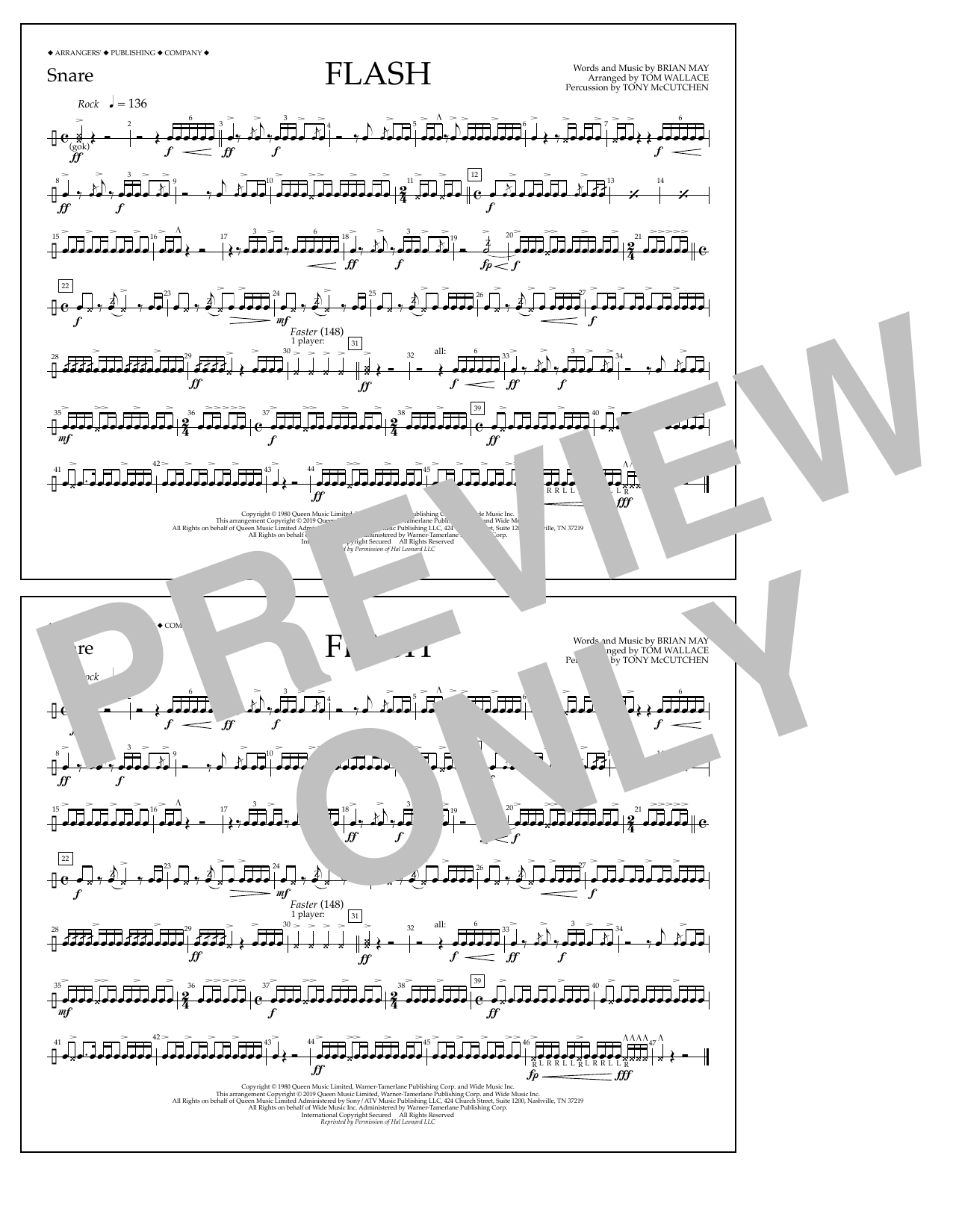 Queen Flash (arr. Tom Wallace) - Snare Sheet Music Notes & Chords for Marching Band - Download or Print PDF