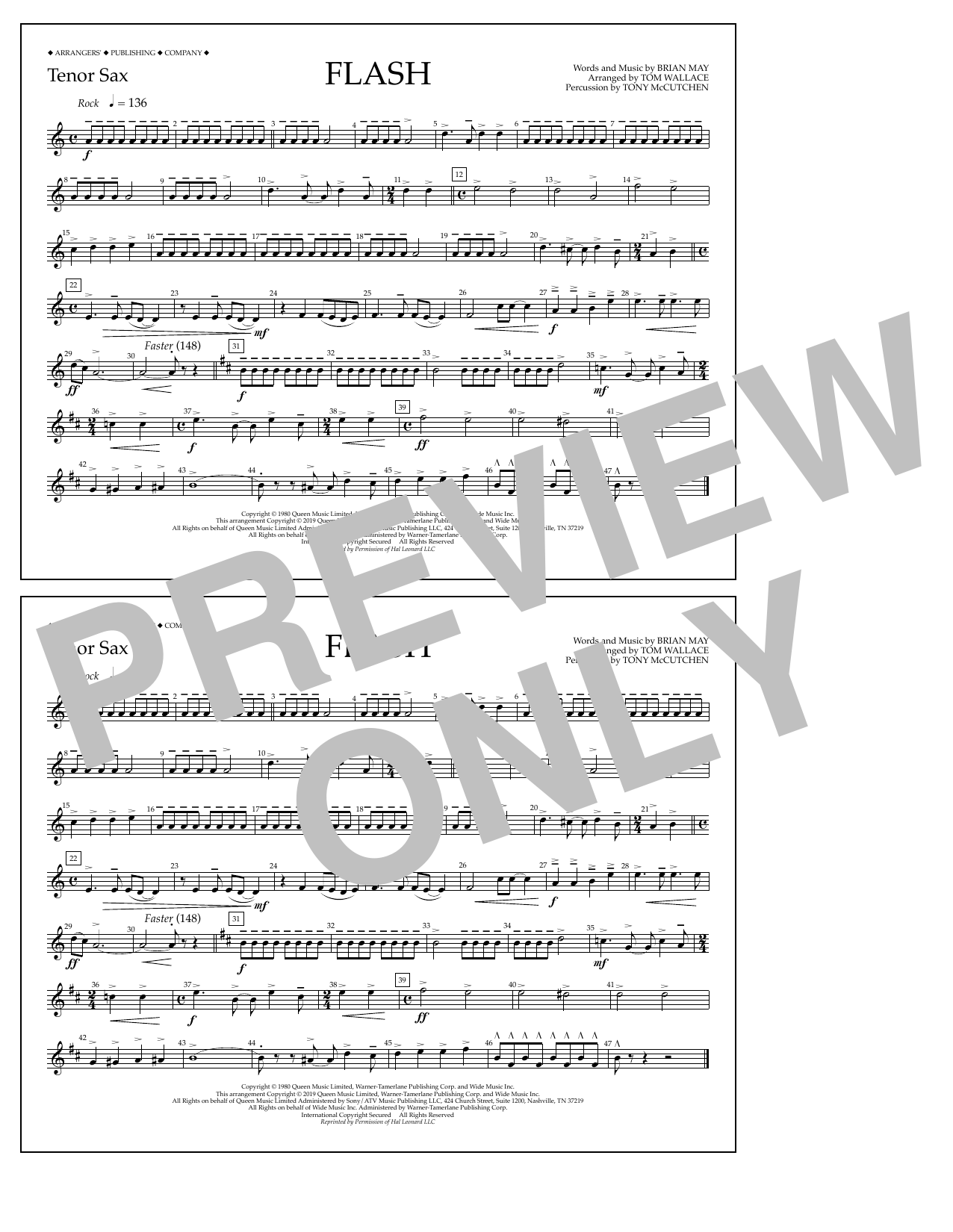 Queen Flash (arr. Tom Wallace) - Tenor Sax Sheet Music Notes & Chords for Marching Band - Download or Print PDF