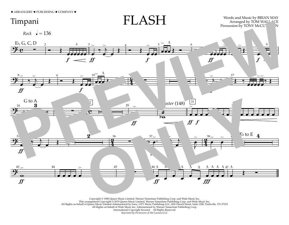 Queen Flash (arr. Tom Wallace) - Timpani Sheet Music Notes & Chords for Marching Band - Download or Print PDF