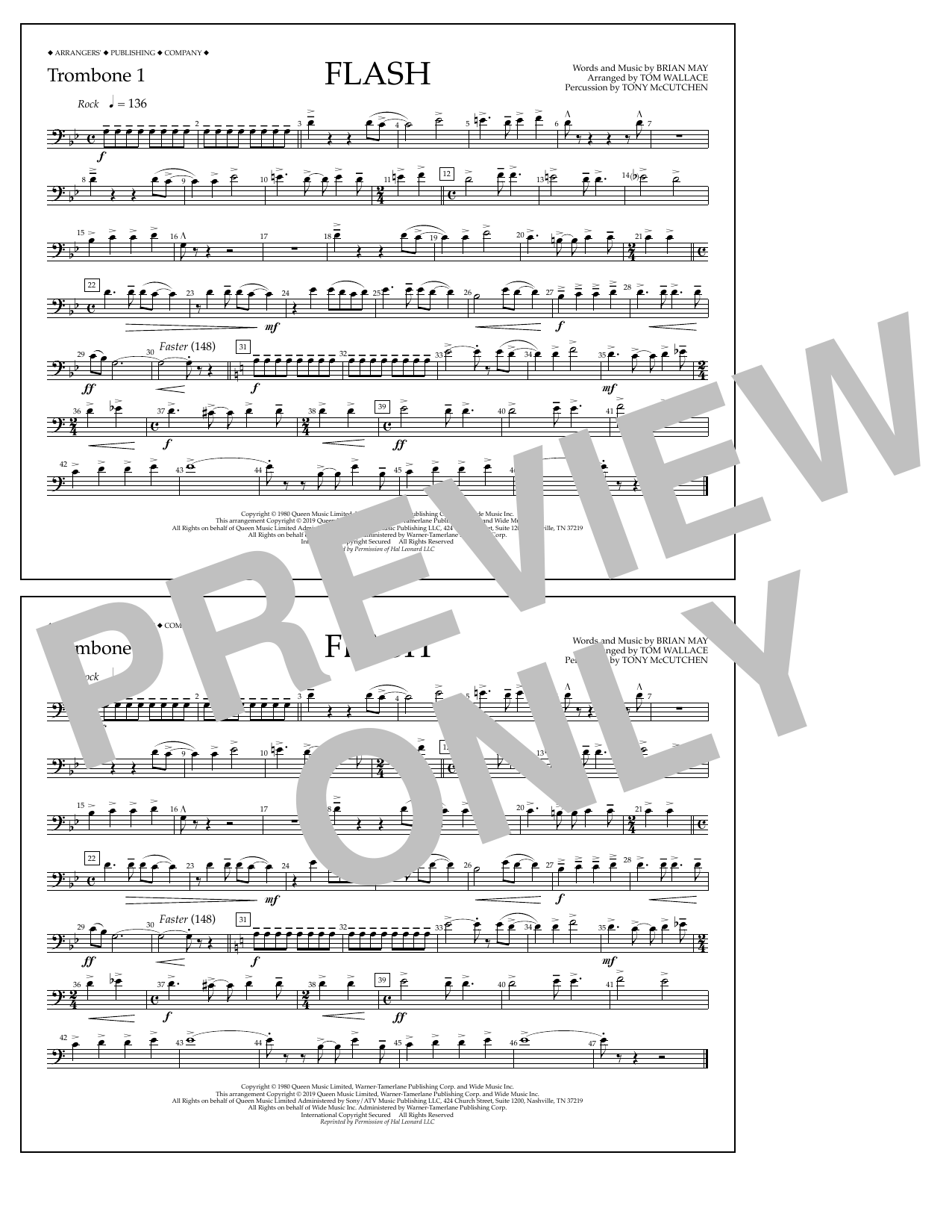 Queen Flash (arr. Tom Wallace) - Trombone 1 Sheet Music Notes & Chords for Marching Band - Download or Print PDF