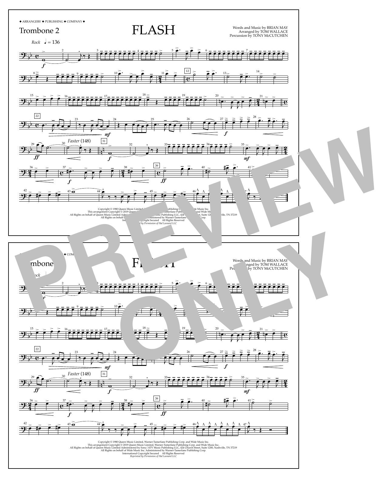 Queen Flash (arr. Tom Wallace) - Trombone 2 Sheet Music Notes & Chords for Marching Band - Download or Print PDF